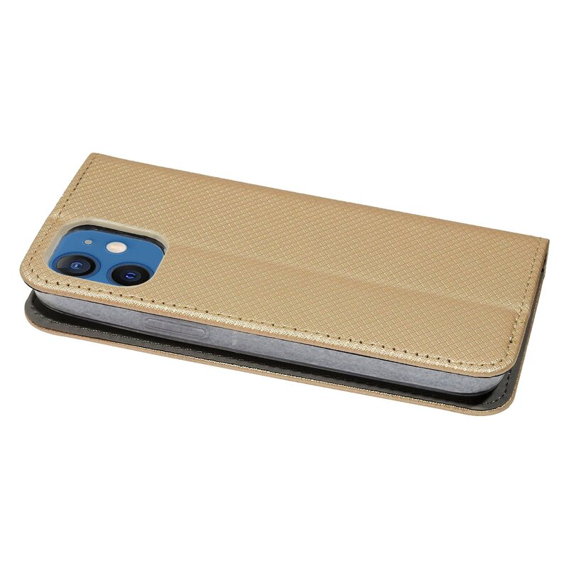 Eine goldene Handyhülle mit einem Telefon, das die Kamera und eine strukturierte Oberfläche zeigt.