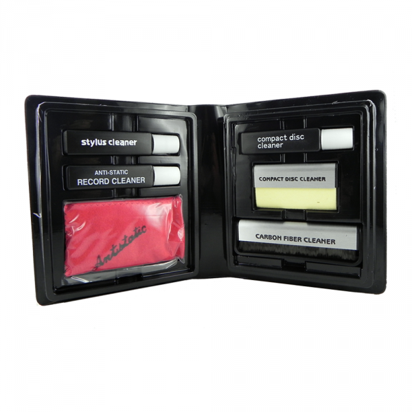 Ein schwarzes Kit mit Stift-, Schallplatten- und CD-Reinigern.