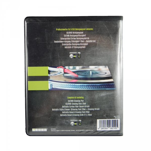 CD/DVD-Reinigungsset-Hülle mit Text und Bildern, weißer Hintergrund.