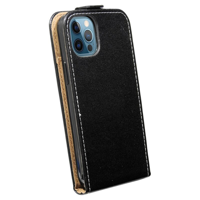 Eine schwarze Handyhülle mit weißer Naht, die ein Telefon bedeckt. Die Hülle ist offen.