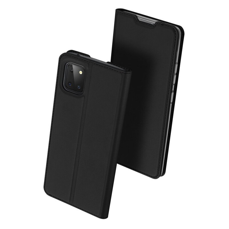 Schwarze Handyhülle mit einem schwarzen Telefon darin. Die Handyhülle ist offen.