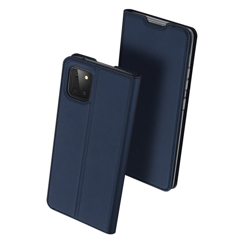 Eine blaue Handyhülle mit einem Handy darin. Die Hülle ist offen und gibt das Handy frei.