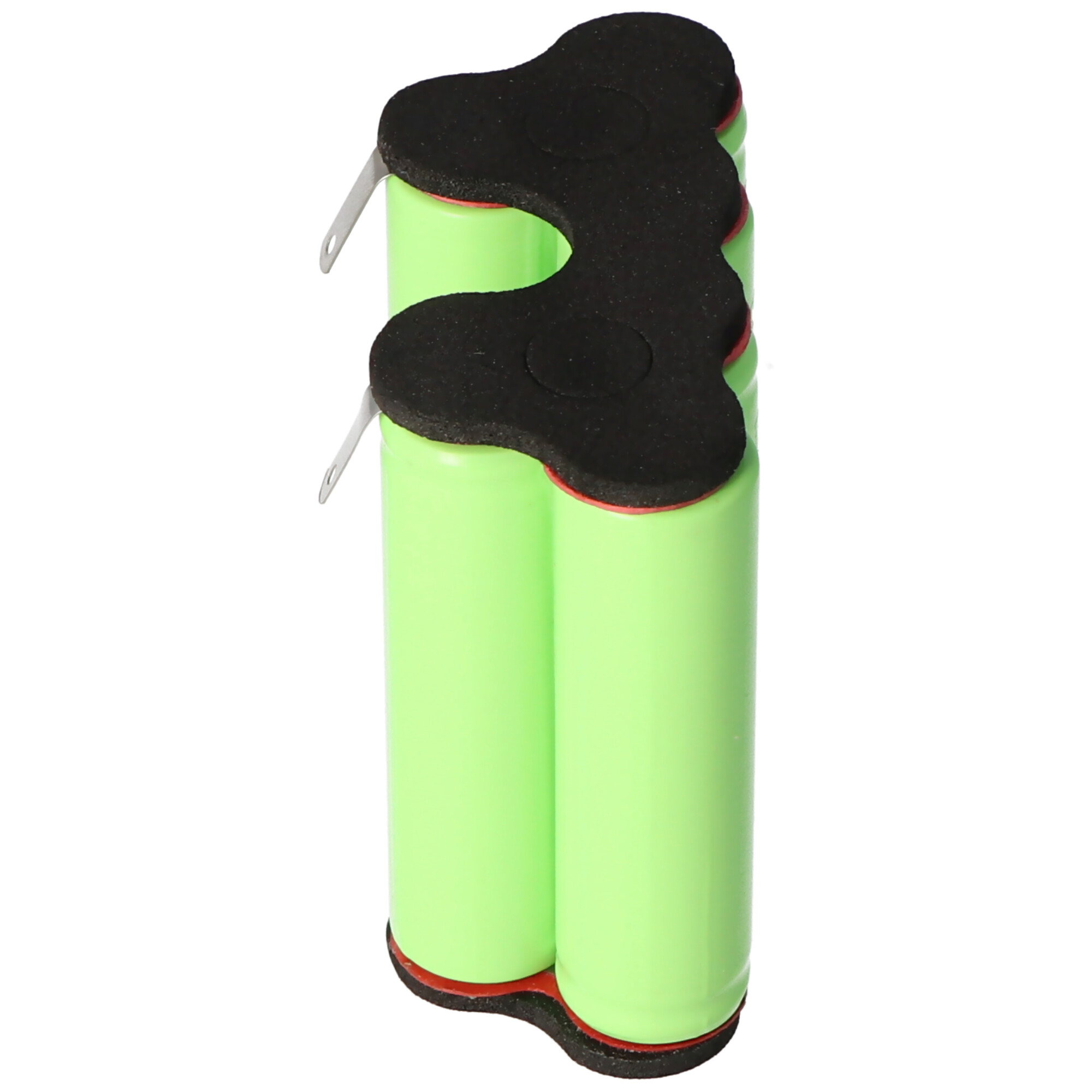 Zwei grüne Batterien, die miteinander verbunden sind. Sie sind in schwarzem Gummi eingewickelt.