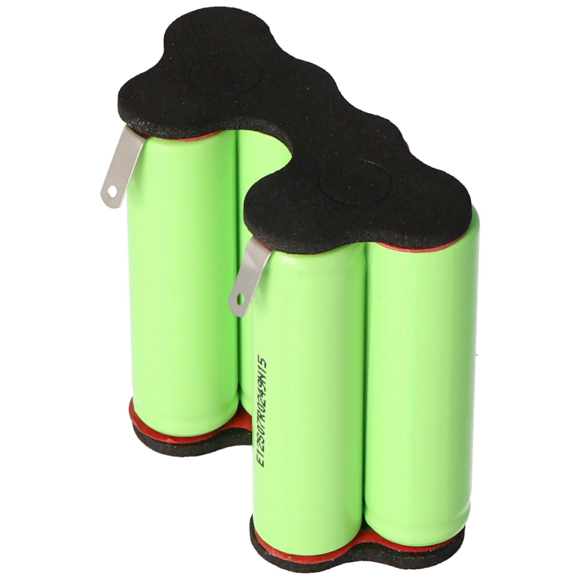 Zwei grüne zylindrische Batterien mit schwarzem Schaumstoff und Metallkontakten.