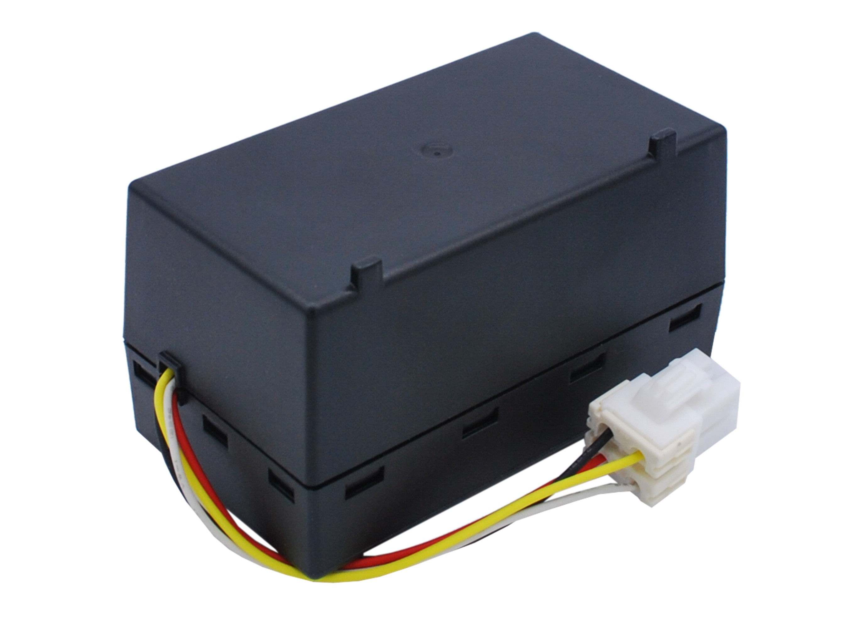 Schwarzes rechteckiges elektronisches Bauteil mit Drähten und einem weißen Stecker.