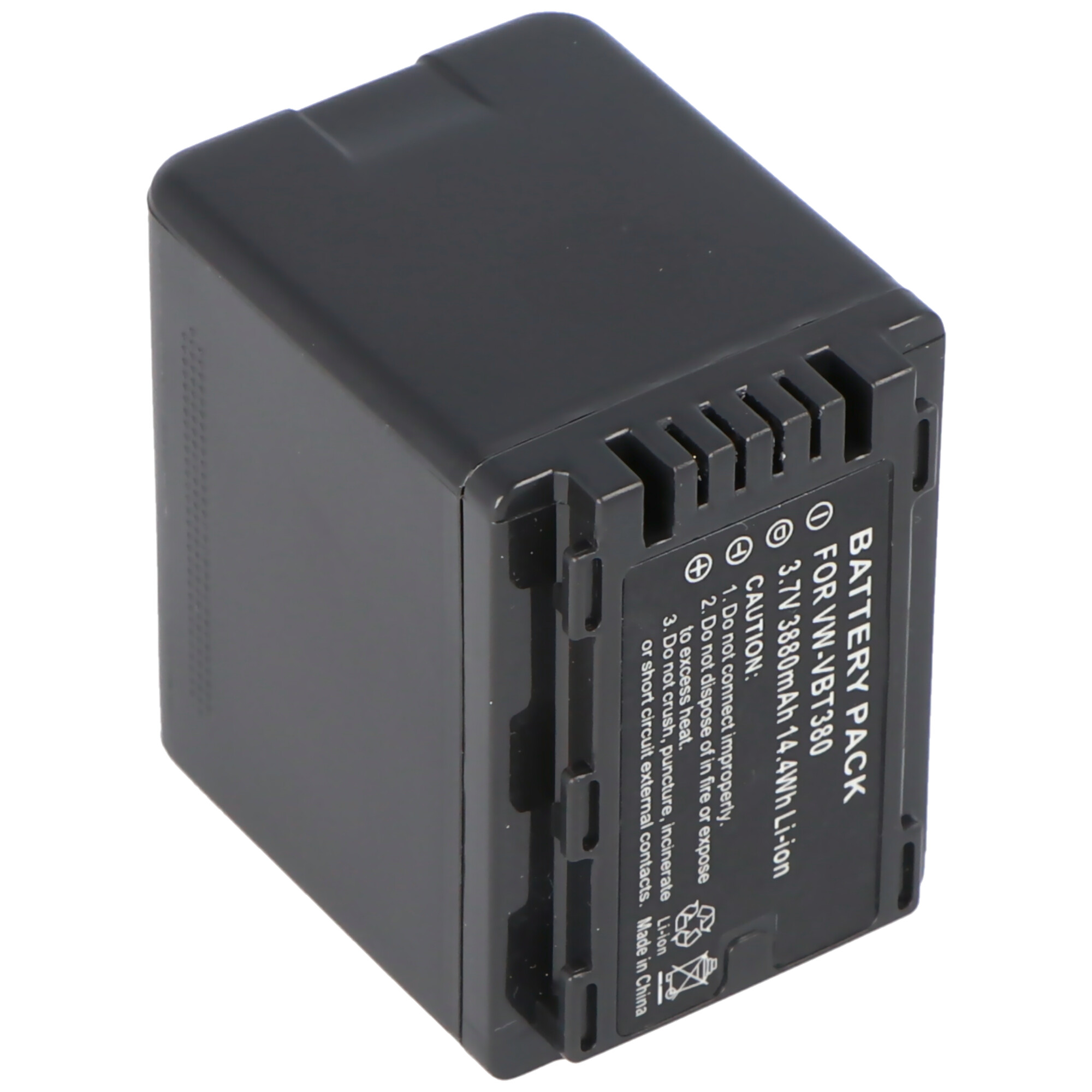Schwarzer Akku mit Warnhinweis. Text: 3,7 V 3880 mAh 14,4 Wh Li-Ion. Achtung: Nicht ins Feuer werfen.