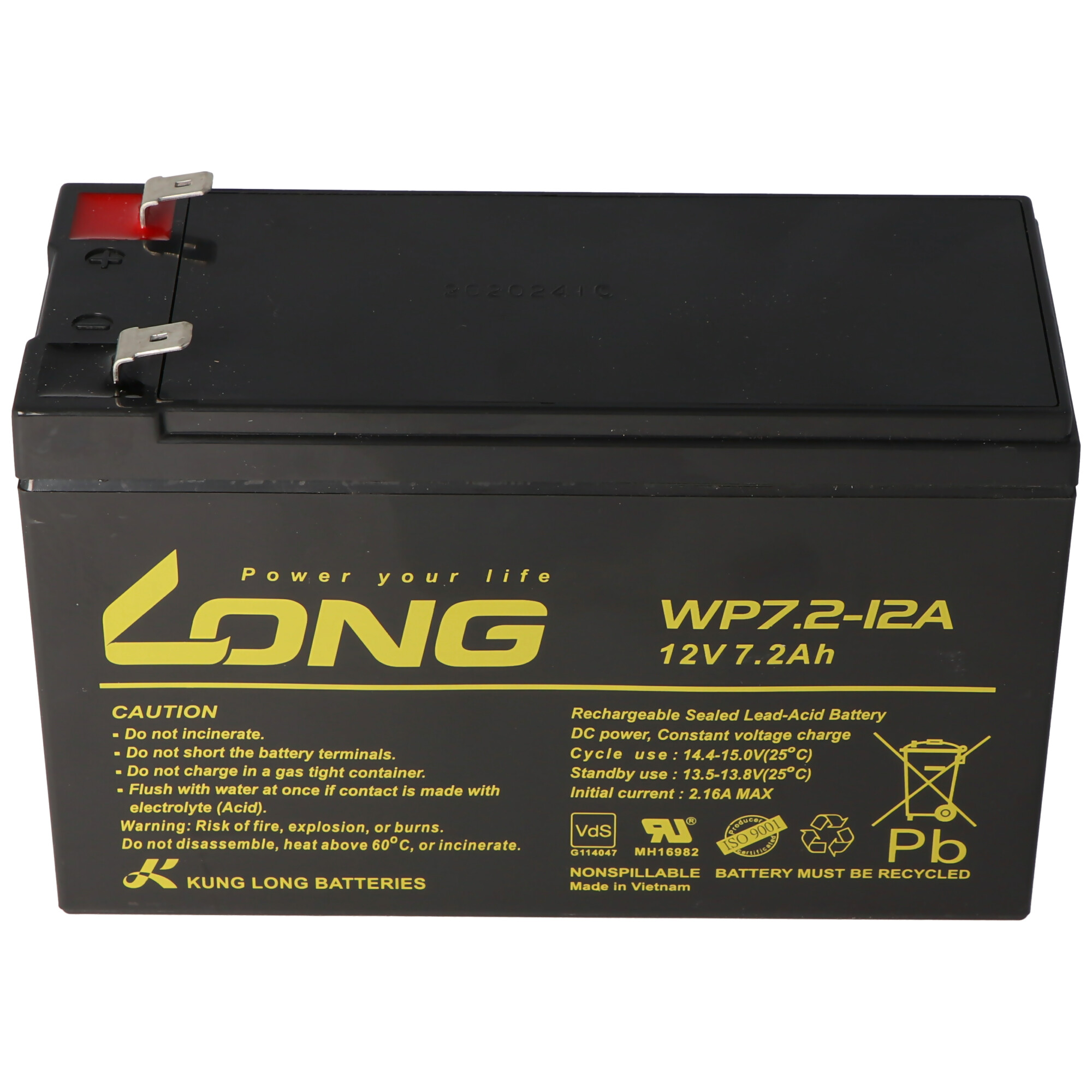 Schwarze rechteckige Batterie mit gelbem Text und Warnhinweisen.