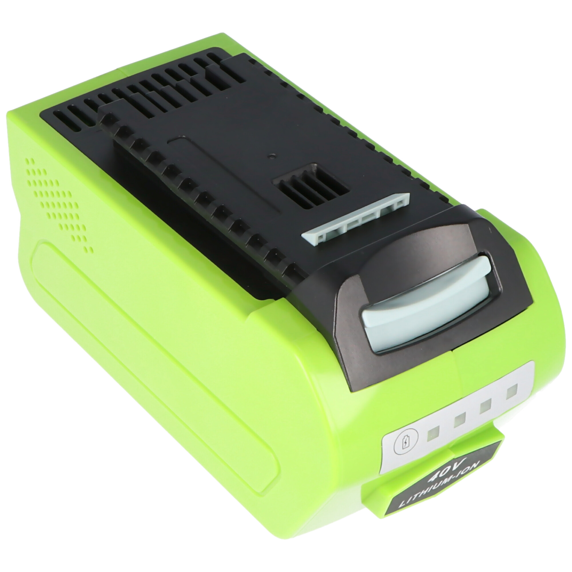 Groen en zwart batterijpack met knop en lampjes, gelabeld '40V Lithium-ion'.