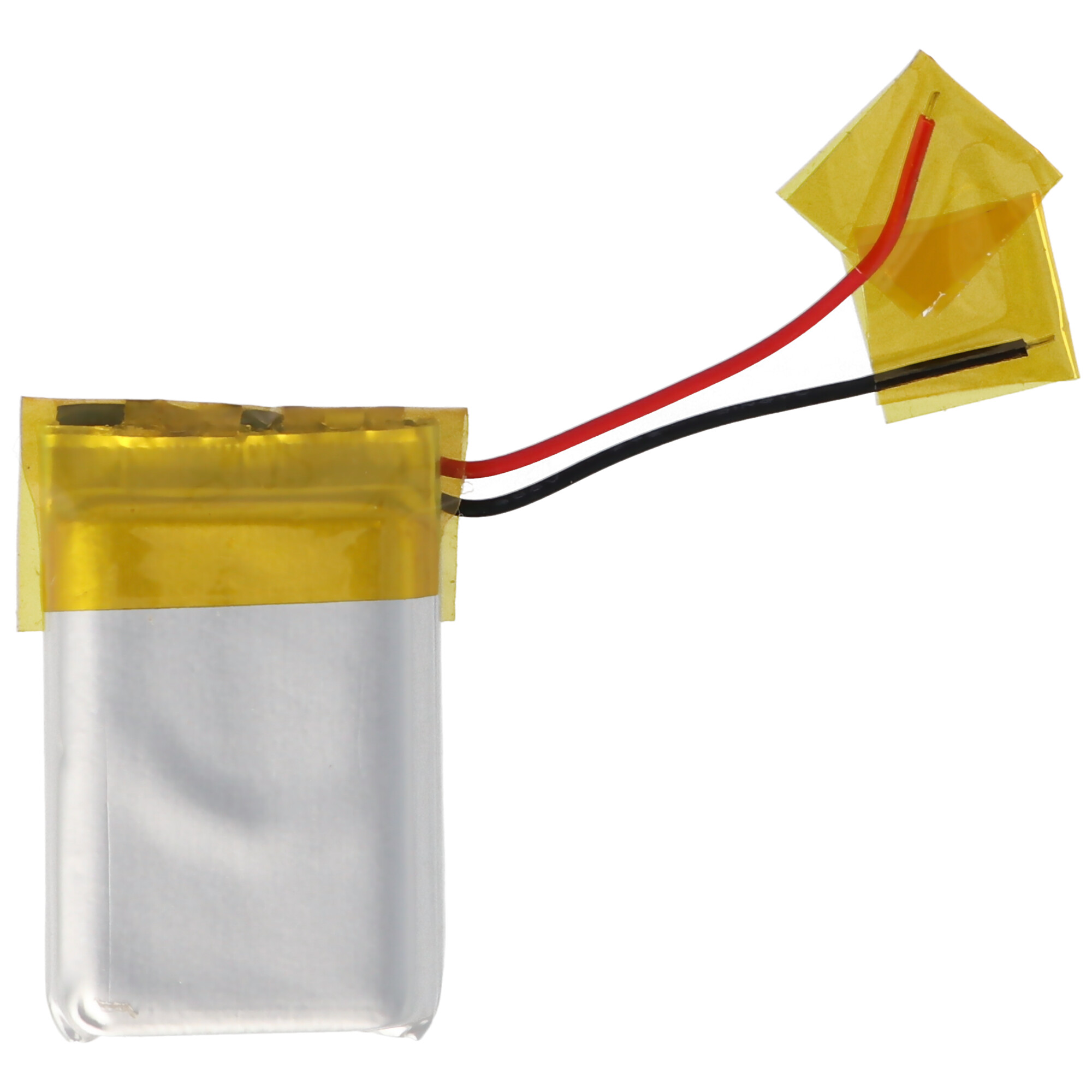 Kleine rechteckige Batterie mit Drähten und gelbem Klebeband. Drähte sind rot und schwarz.