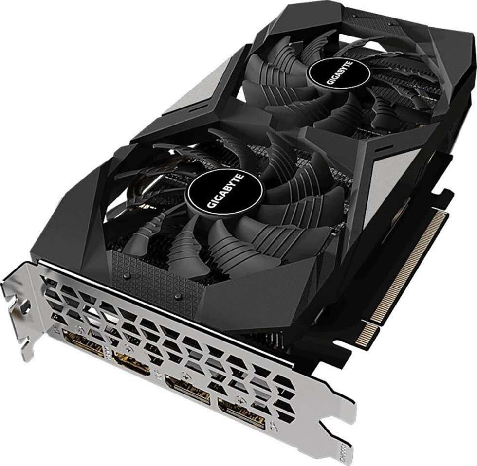 Tarjeta gráfica negra y plateada con dos ventiladores y el logotipo de Gigabyte.