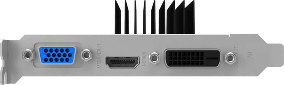 Primo piano del retro di una scheda grafica con porte VGA, HDMI e DVI e un dissipatore di calore.