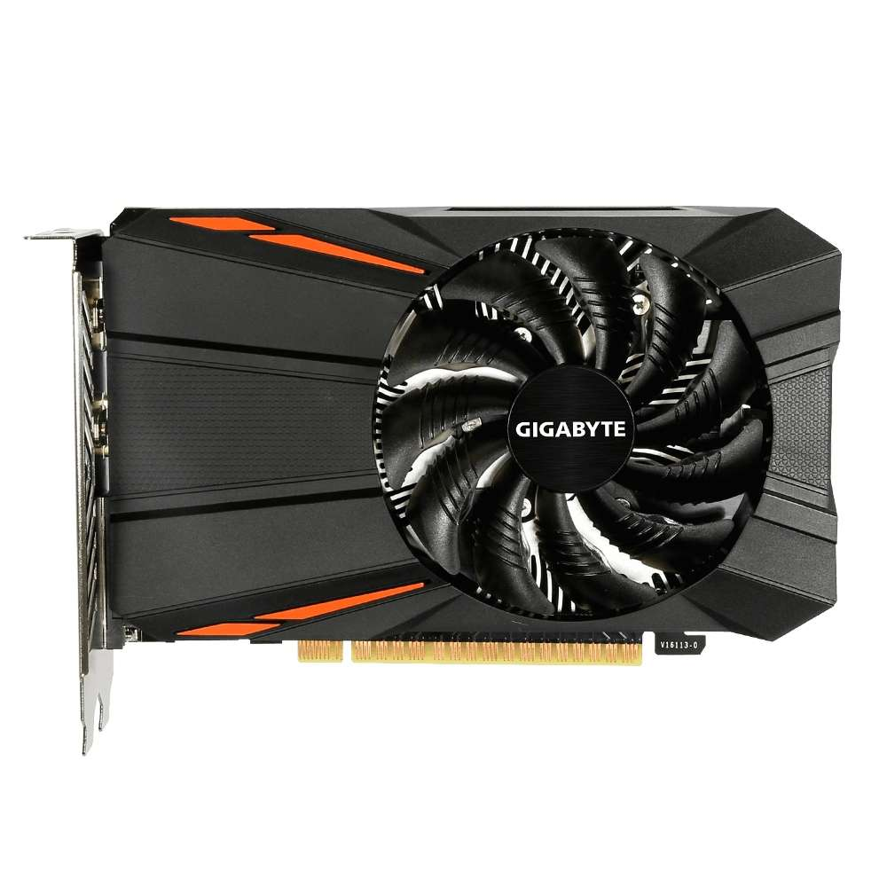 Schwarze und orangefarbene Gigabyte-Grafikkarte mit Lüfter, aus einem Winkel betrachtet.