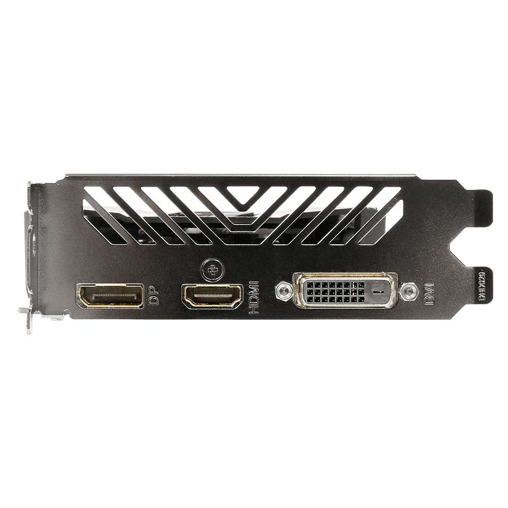Grafikkarte mit mehreren Anschlüssen, darunter DP, HDMI und DVI, vor weißem Hintergrund.