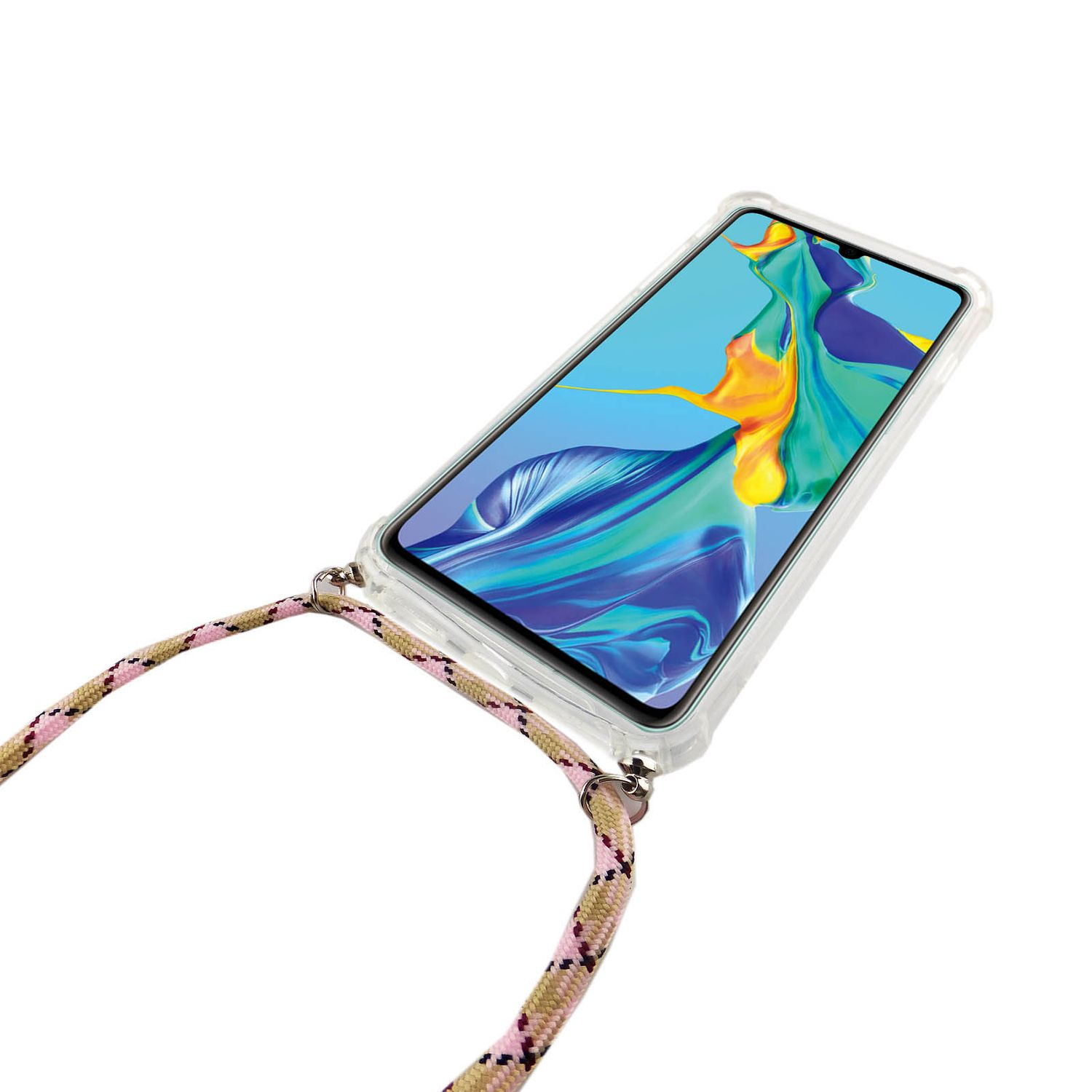 Telefon mit durchsichtiger Hülle und Trageband. Das Telefon zeigt ein farbenfrohes Bild. Das Band ist rosa und weiß.