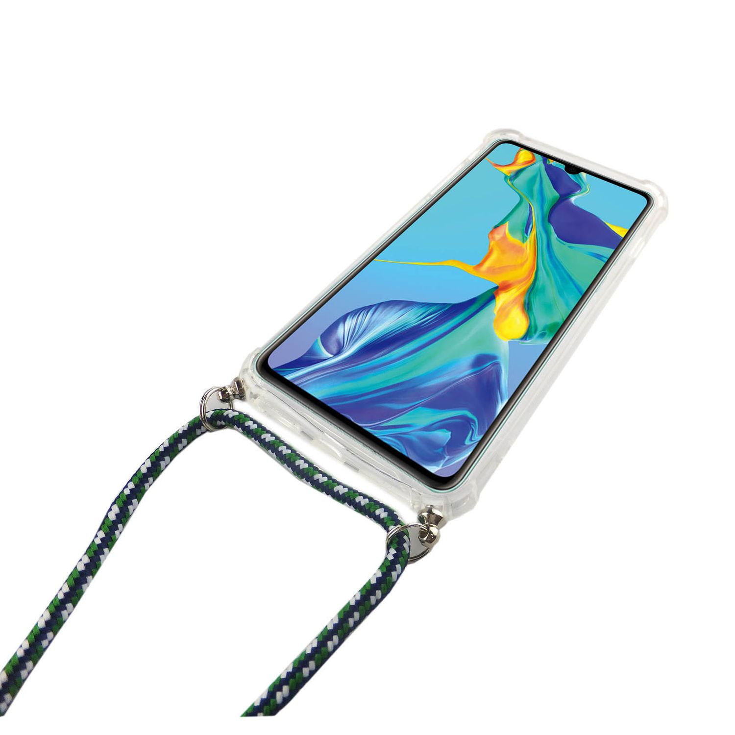 Telefon in durchsichtiger Hülle mit Lanyard. Telefon zeigt farbenfrohes Bild. Weißer Hintergrund.