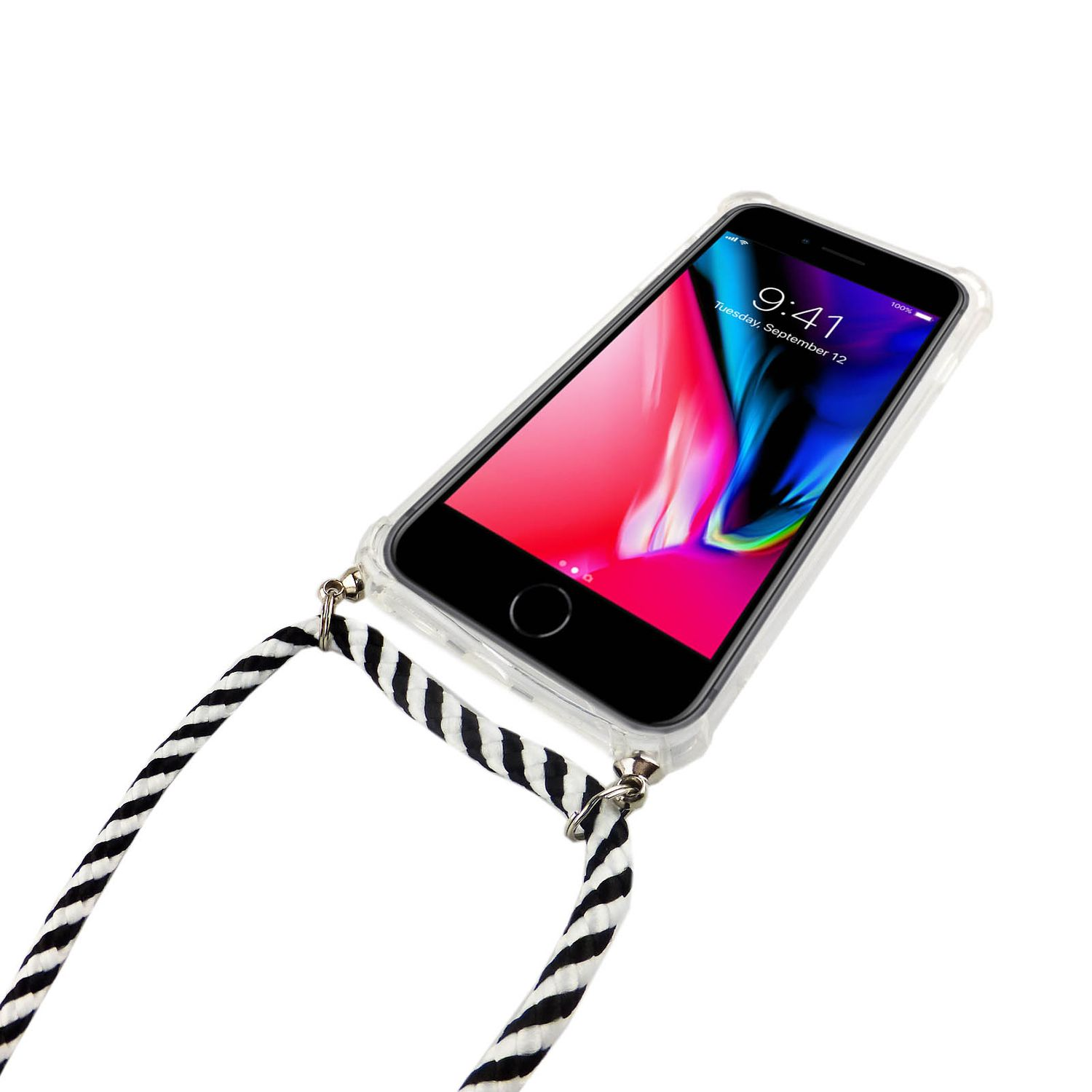 iPhone in einer transparenten Hülle mit gestreiftem Riemen. Das Telefon zeigt einen bunten Sperrbildschirm.
