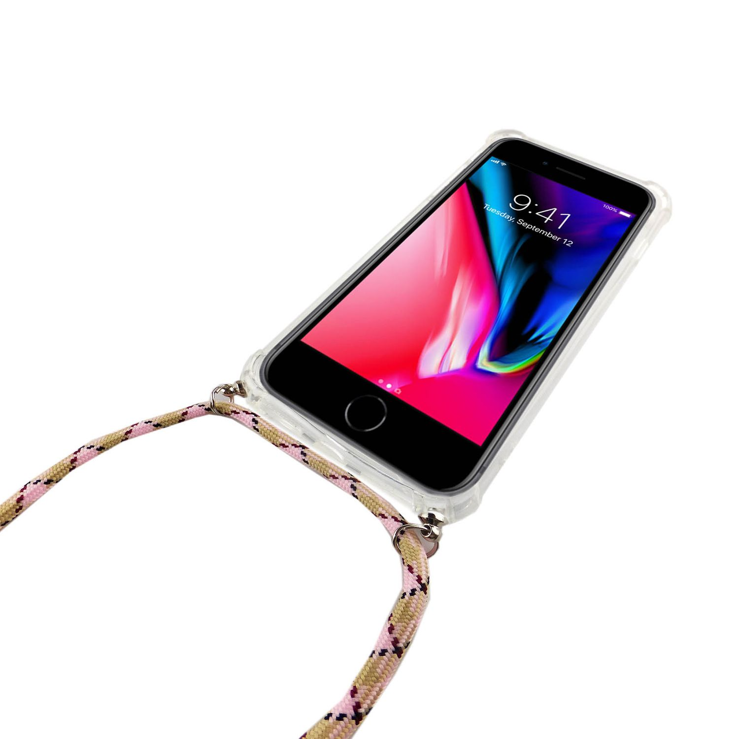 iPhone in klarer Hülle mit einem pink-beigen Umhängeband. Das Telefon zeigt einen farbenfrohen Bildschirm.