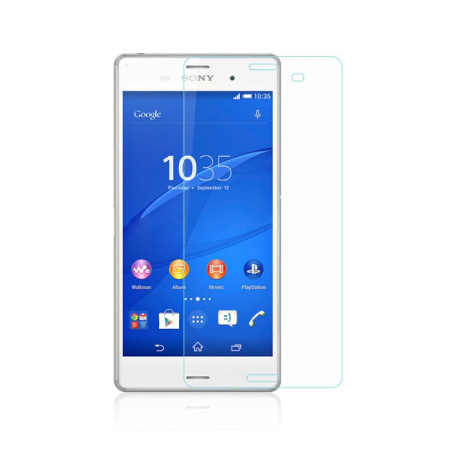 Weißes Sony-Smartphone mit Displayschutz, zeigt Uhrzeit und App-Symbole.