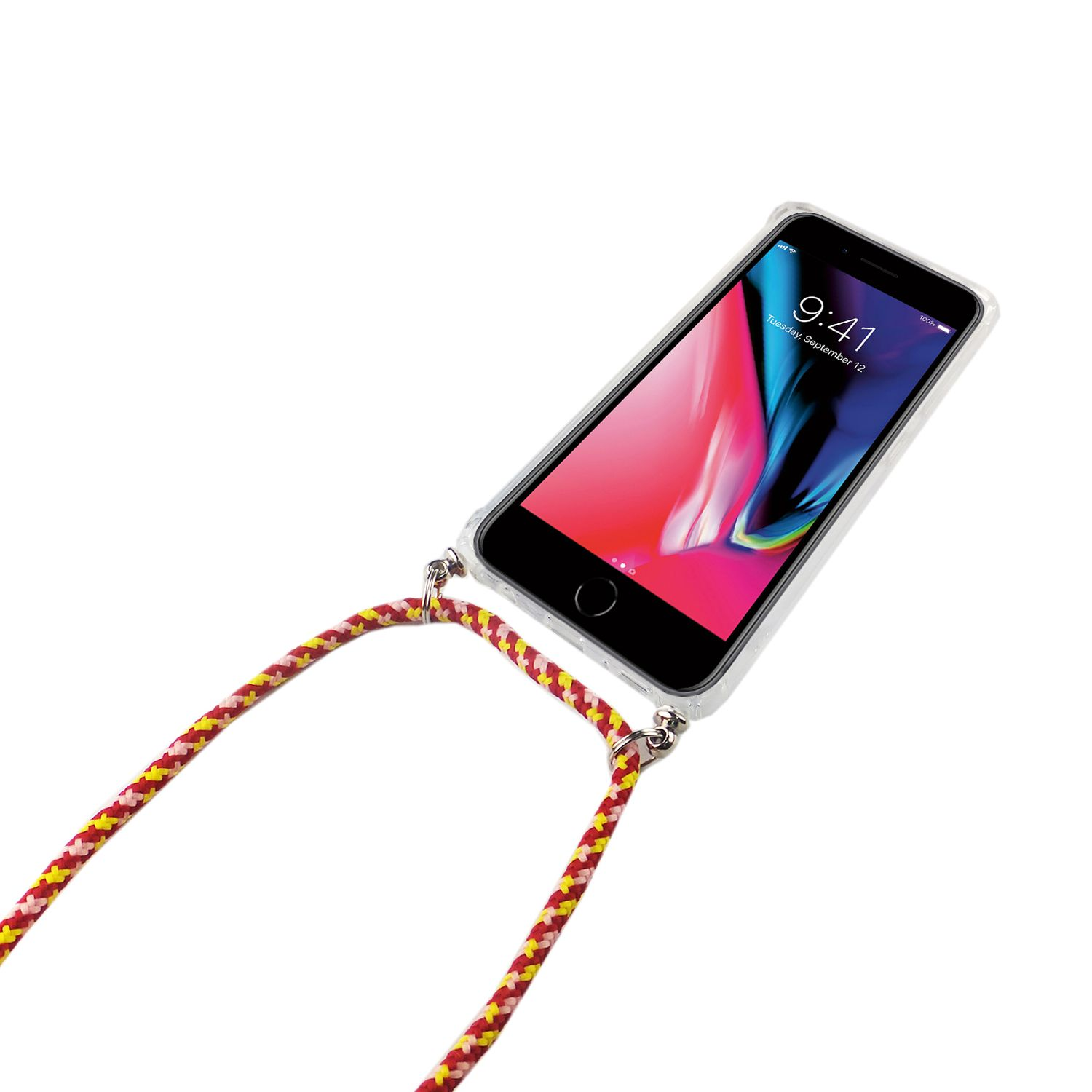 iPhone mit Hülle und Umhängeband, rot-gelb gestreifte Schnur, weißer Hintergrund.