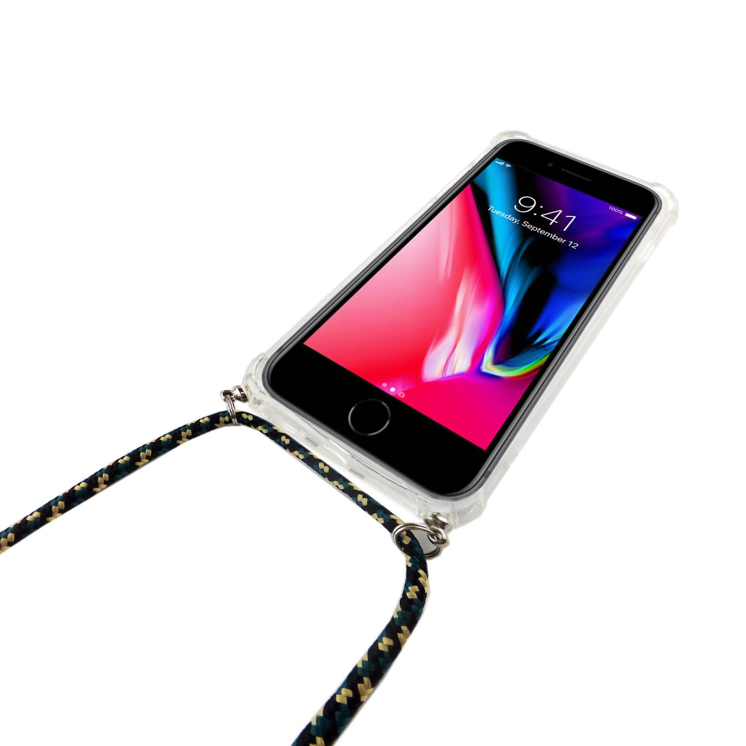 Telefon mit Hülle und Lanyard. Display zeigt 9:41 Uhr, blaues und pinkes abstraktes Hintergrundbild. Weißer Hintergrund.