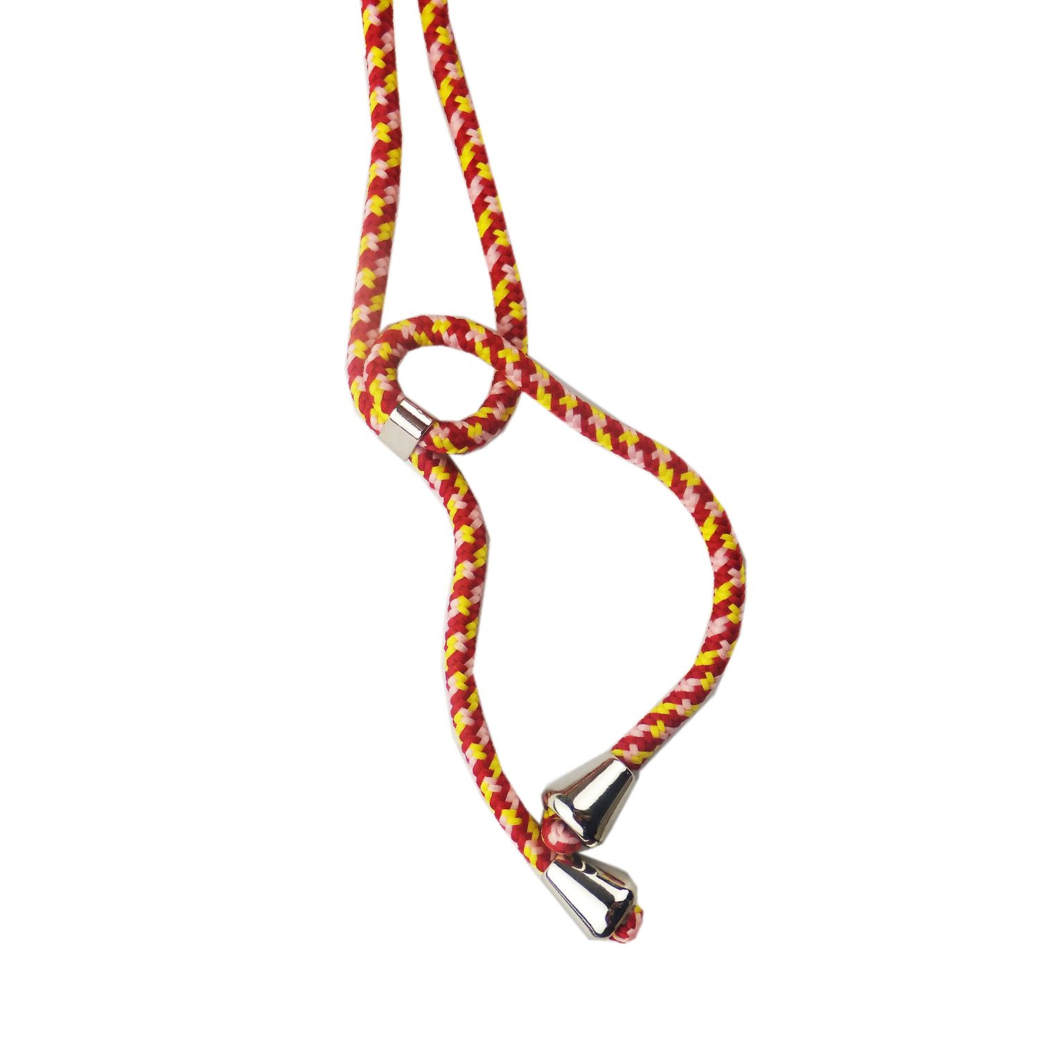 Gewebtes rotes und gelbes Telefon-Lanyard mit silbernen Enden. In der Mitte geknotet.