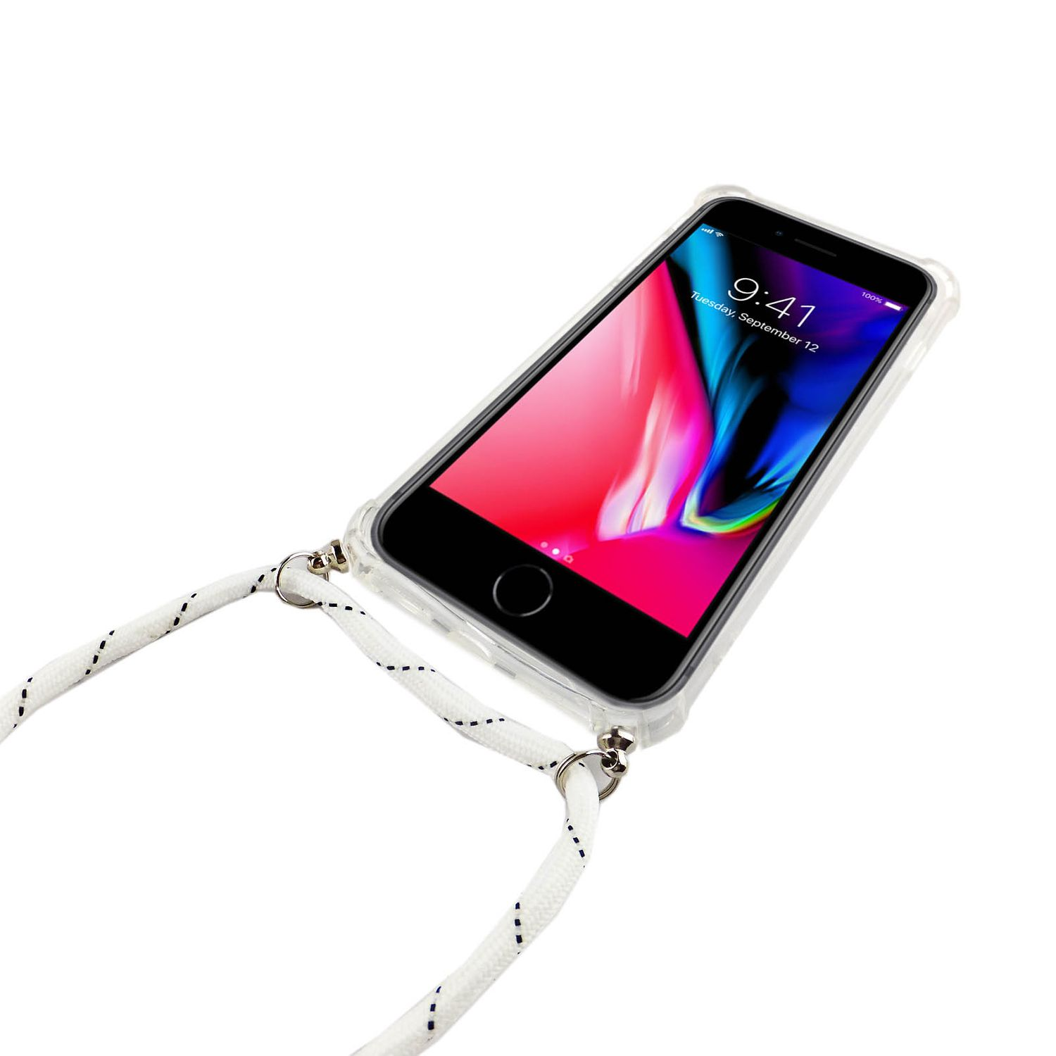 Ein Telefon mit durchsichtigem Gehäuse und weißer Seilschlaufe, auf weißem Hintergrund.