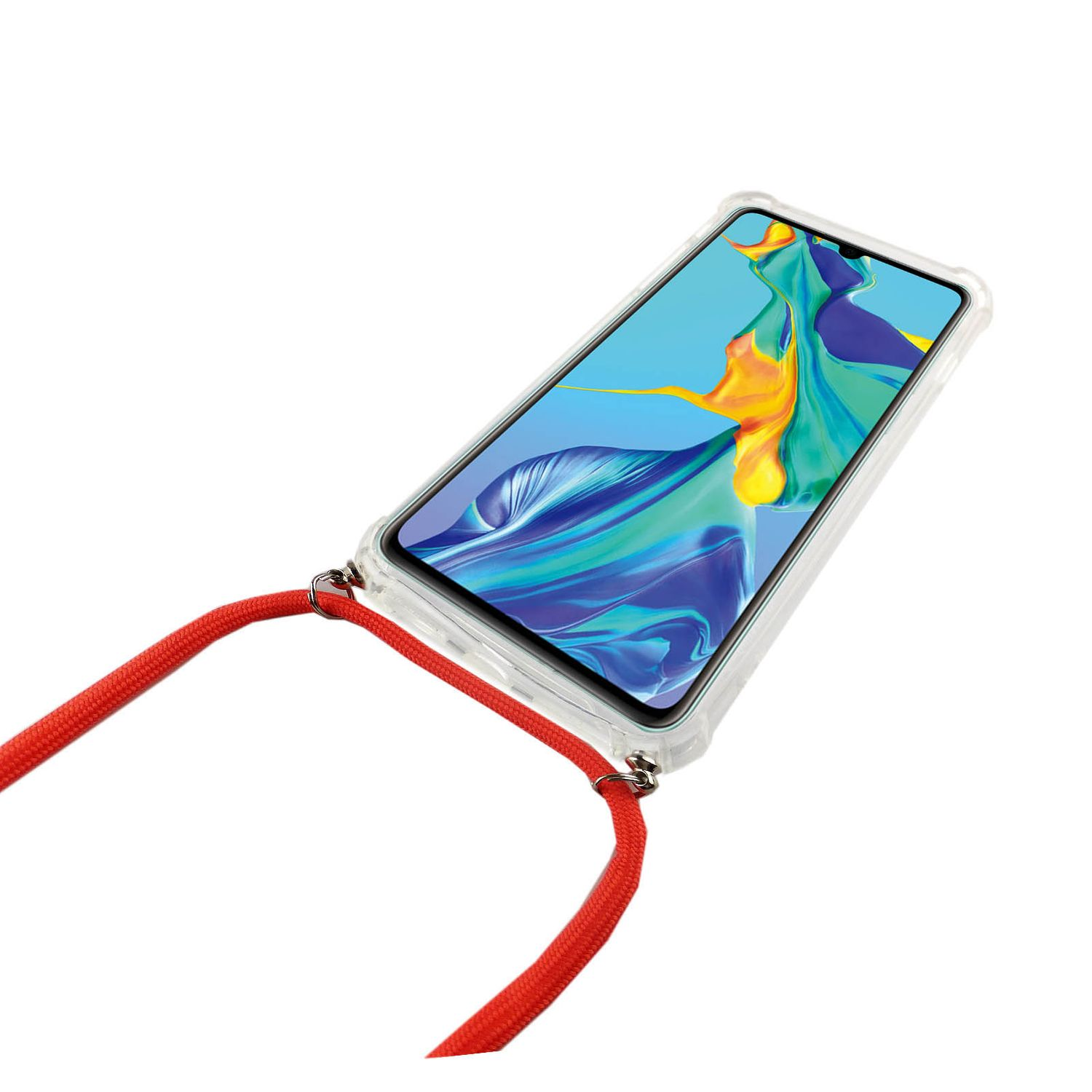 Telefon mit klarer Hülle und roter Schnur. Weißer Hintergrund.
