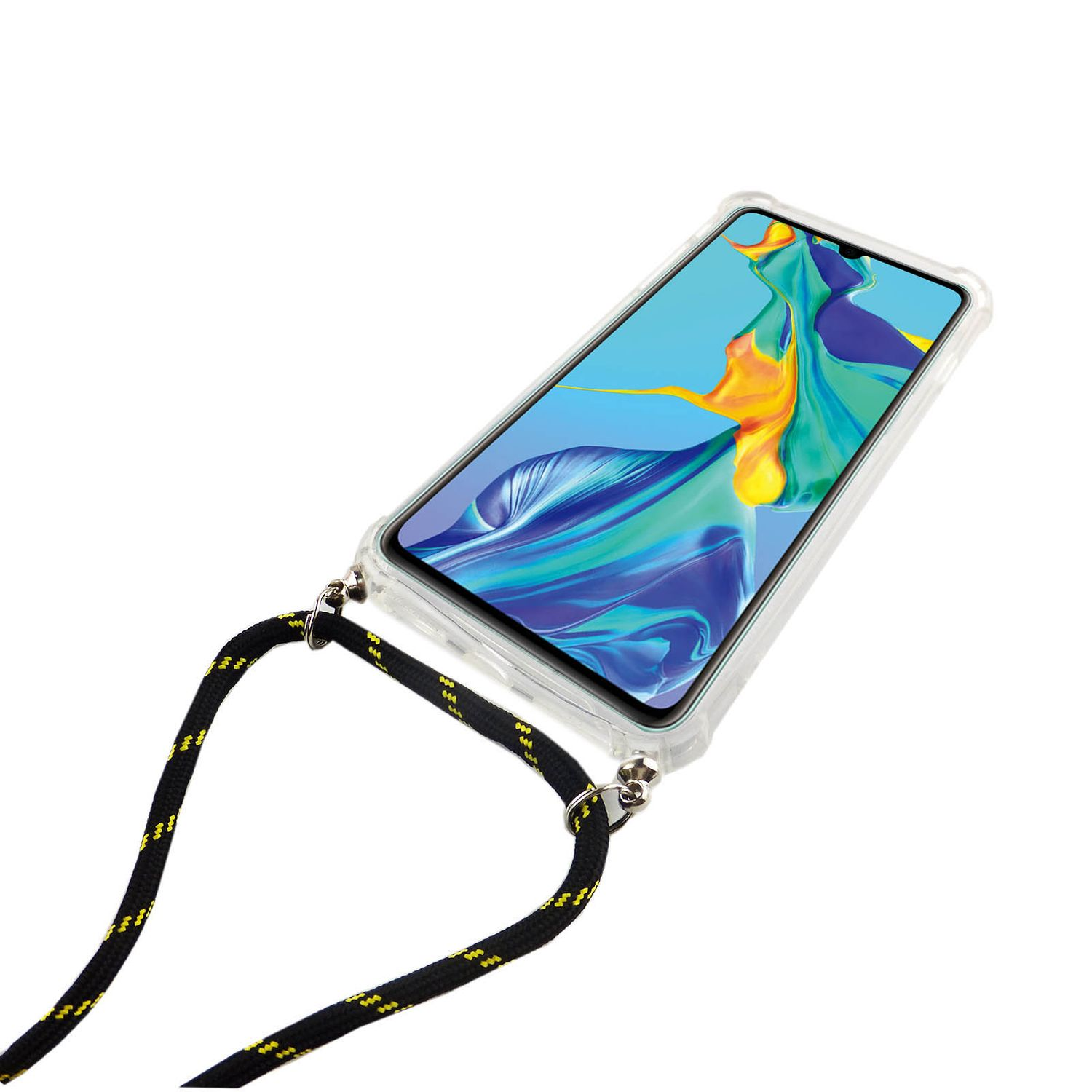 Smartphone mit Lanyard. Telefon in klarer Hülle, Blumentapete auf dem Bildschirm. Schwarzes und gelbes Lanyard.