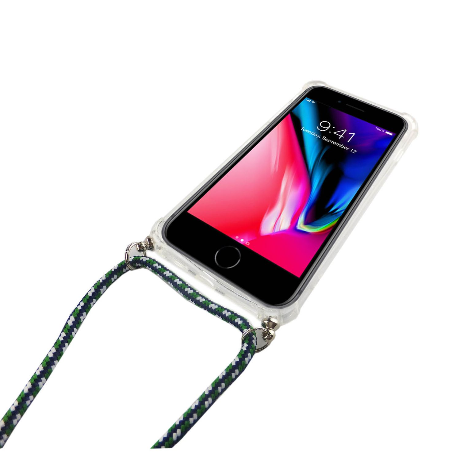 Telefon mit Umhängeband in klarer Hülle, zeigt die Uhrzeit.