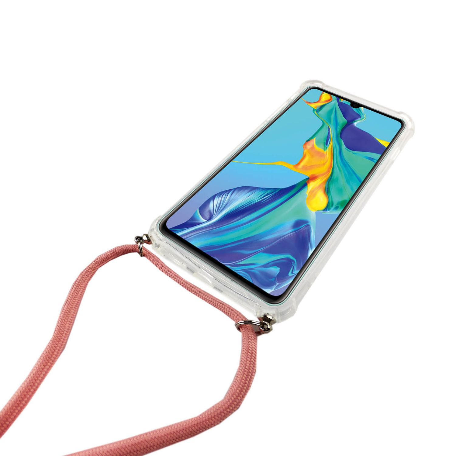 Ein Smartphone in einer transparenten Hülle mit rosa Riemen, isoliert auf weißem Hintergrund.