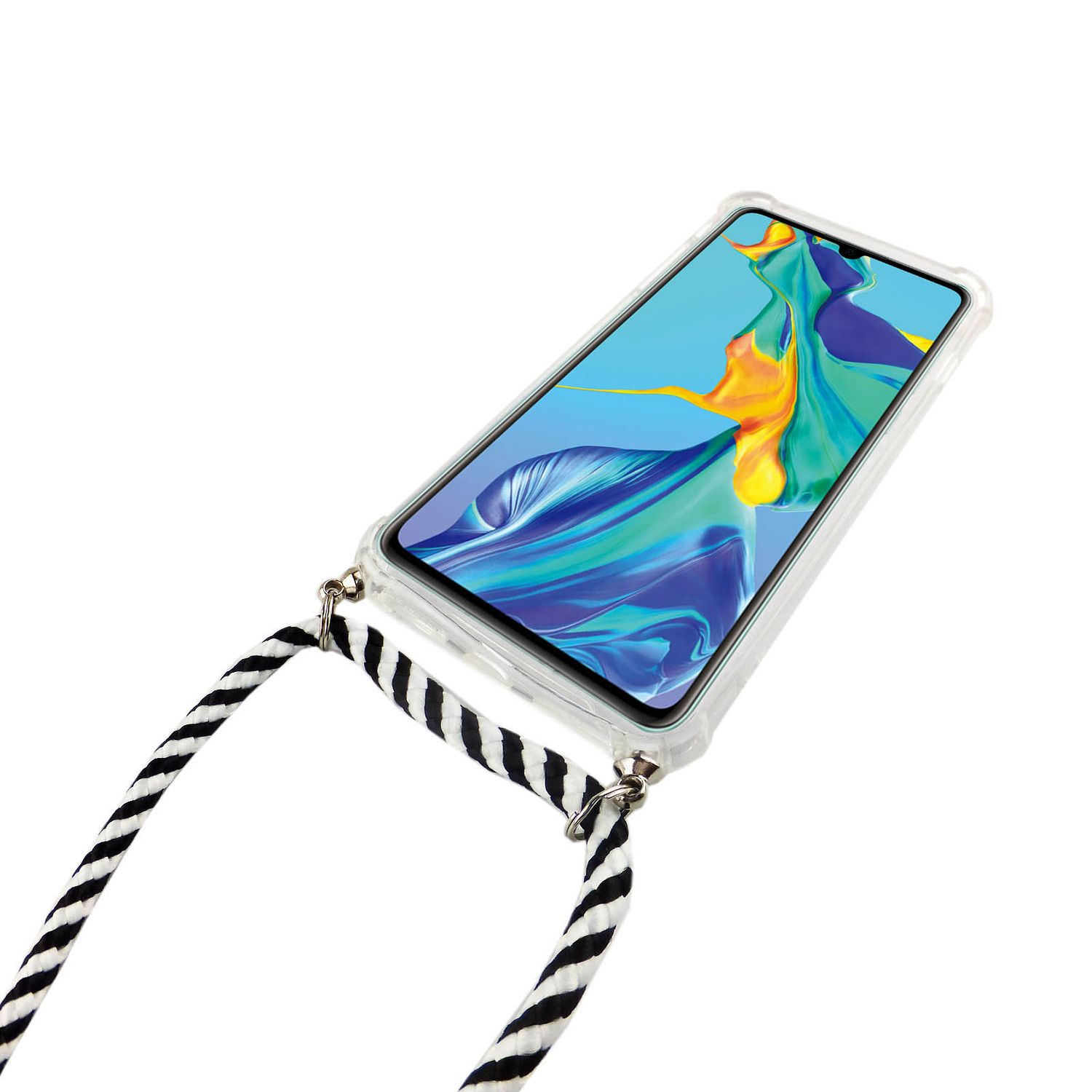 Telefon mit einer Bandhülle. Das Telefon zeigt ein farbenfrohes abstraktes Muster.