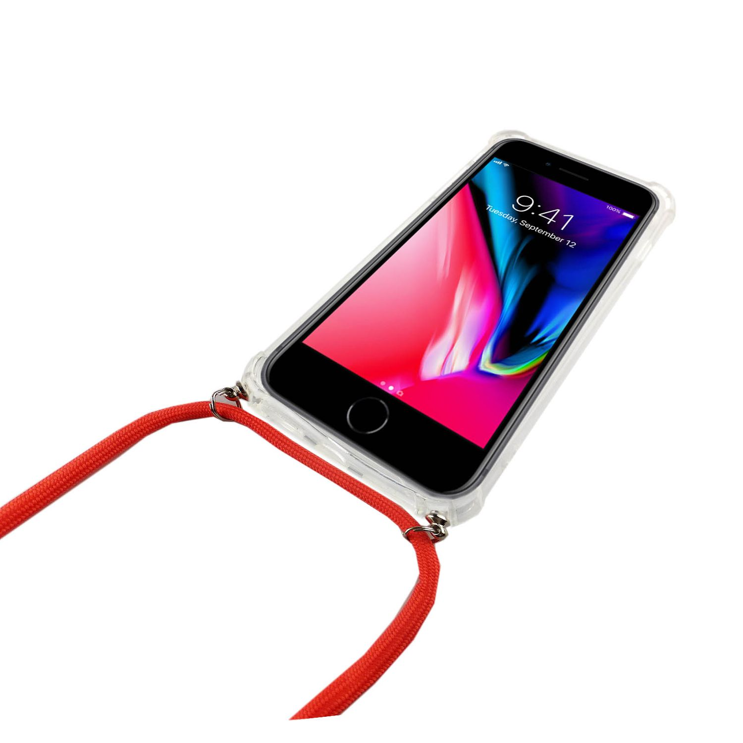 Schwarzes Telefon mit roter Bandhülle, zeigt bunten Hintergrund.
