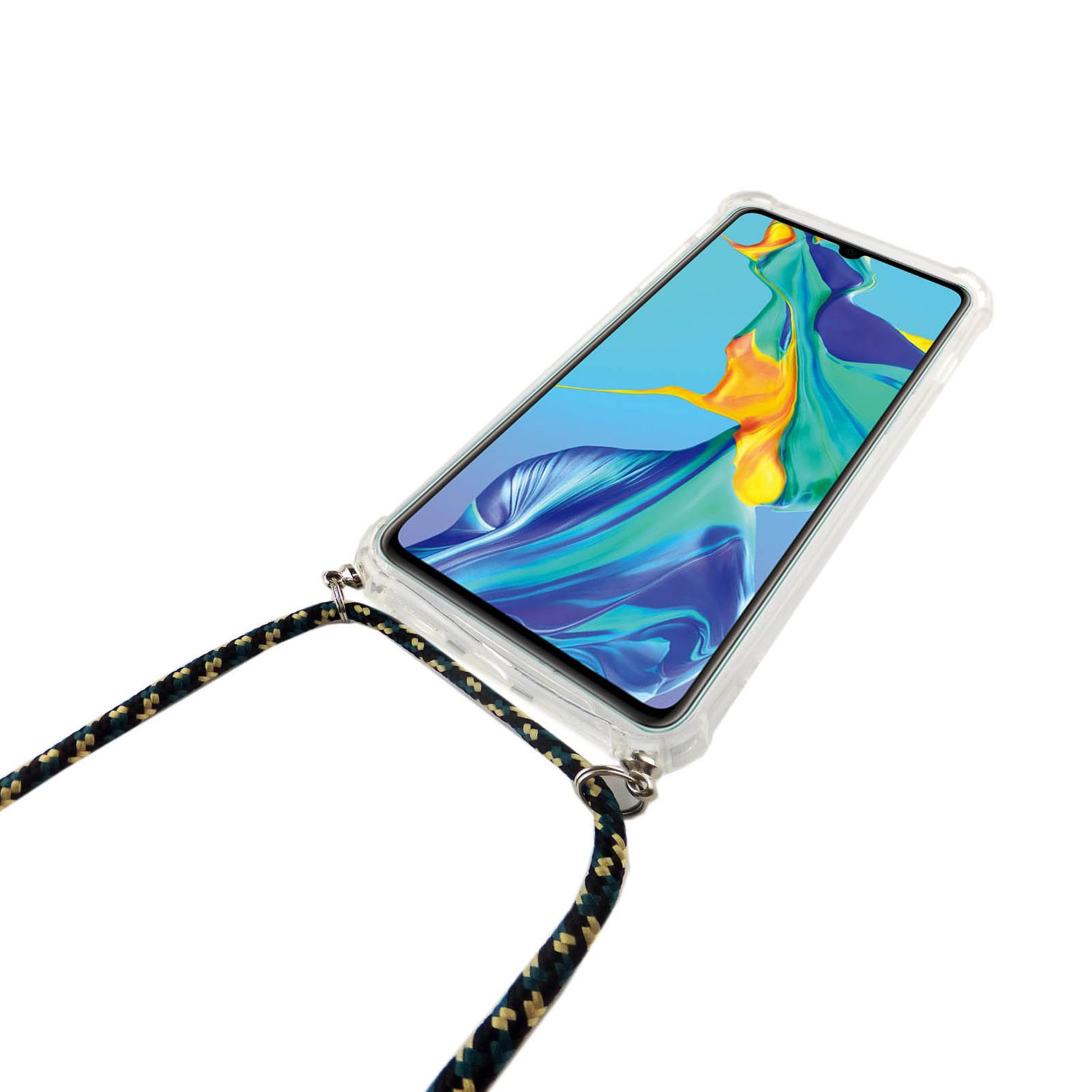 Telefon in einer durchsichtigen Hülle mit Lanyard, vor weißem Hintergrund.
