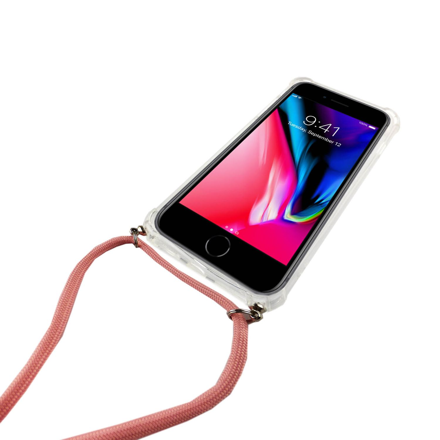 Ein Telefon mit einem Bildschirm, der einen bunten Hintergrund zeigt. Es ist in einer Hülle mit Gurt.