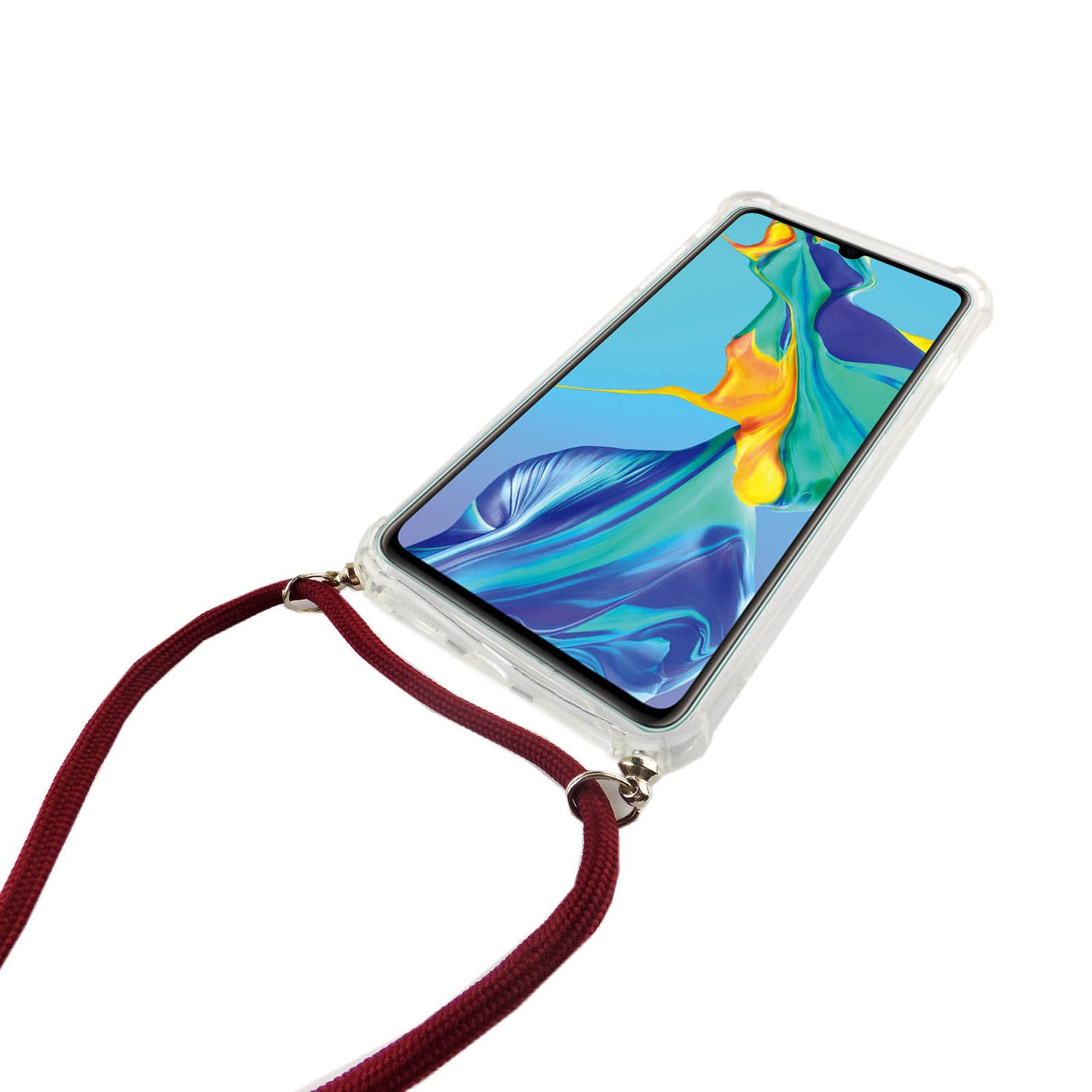 Eine transparente Handyhülle mit einem weinroten Schlüsselband. Das Telefon hat einen Bildschirm. Weißer Hintergrund.