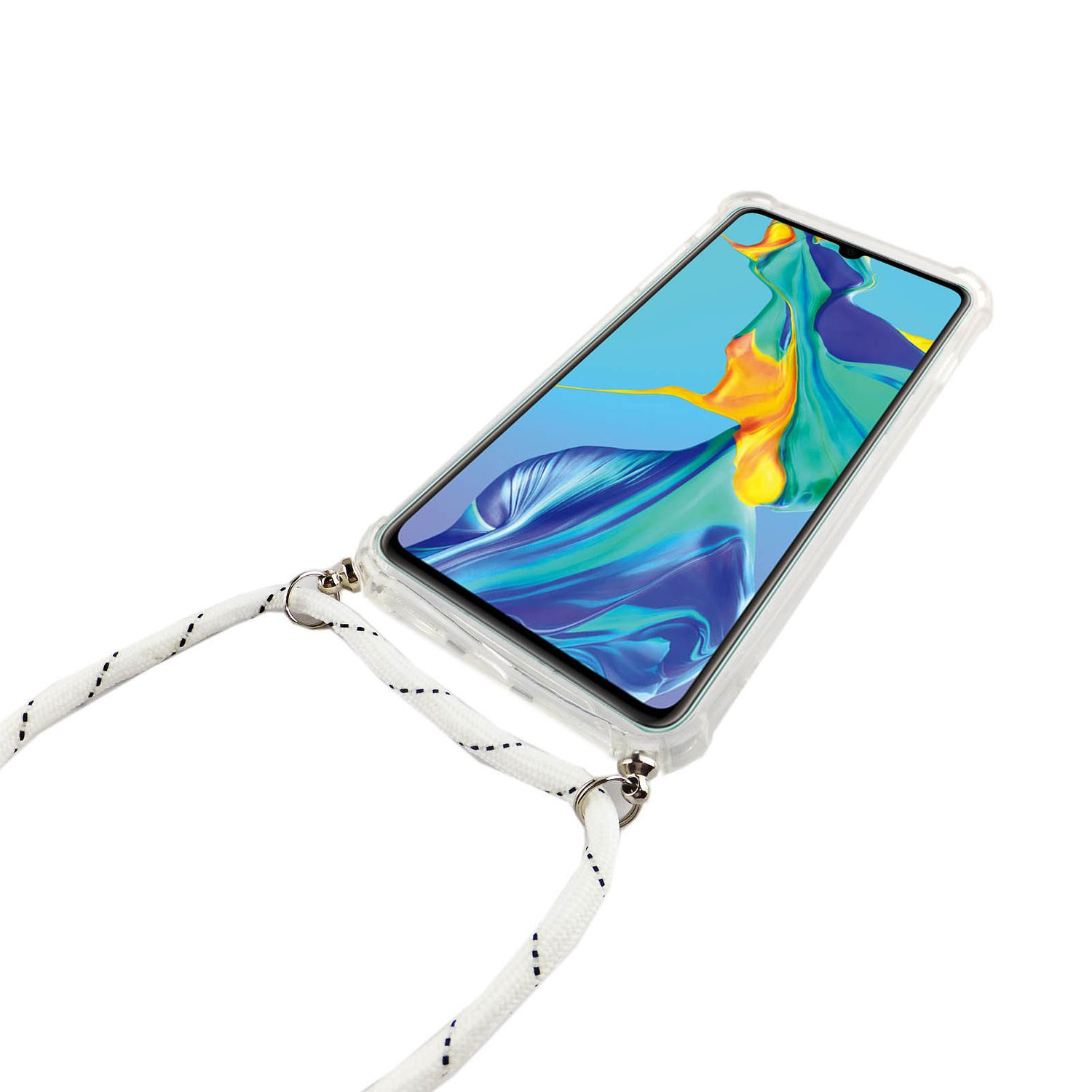 Ein Smartphone mit klarer Hülle und weißem Riemen. Der Telefonbildschirm ist eingeschaltet und zeigt ein Foto.