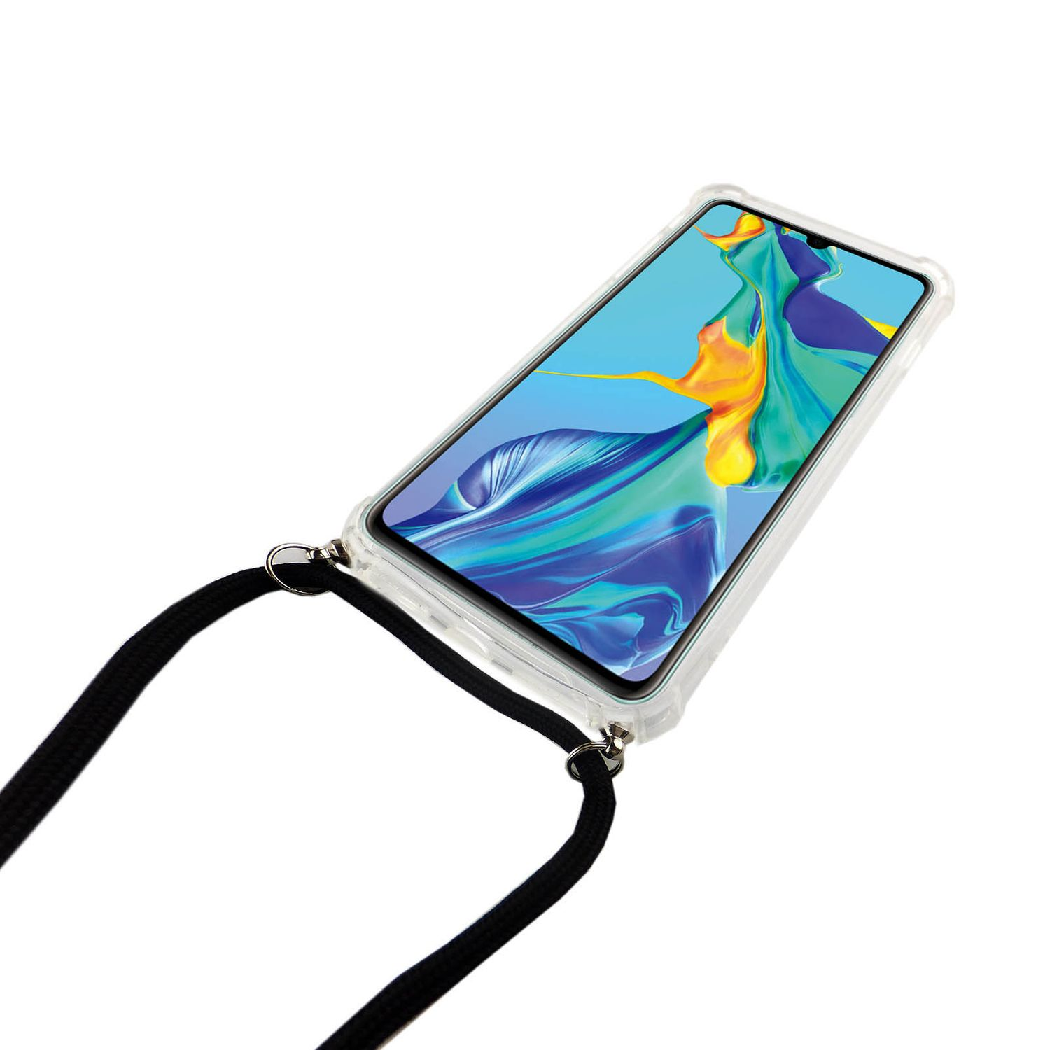 Ein Smartphone in einer durchsichtigen Hülle mit einem schwarzen Umhängeband.