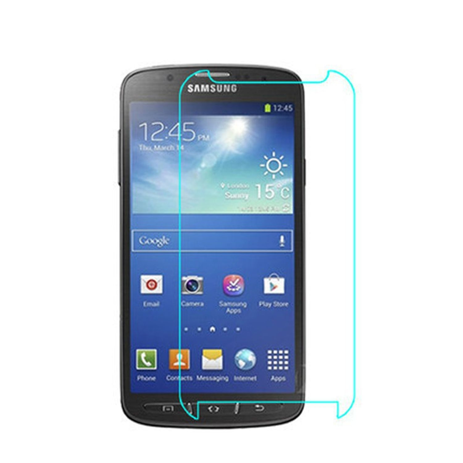 Schwarzes Samsung-Telefon mit Displayschutz. Zeigt Zeit, Symbole. Schutzumriss sichtbar.