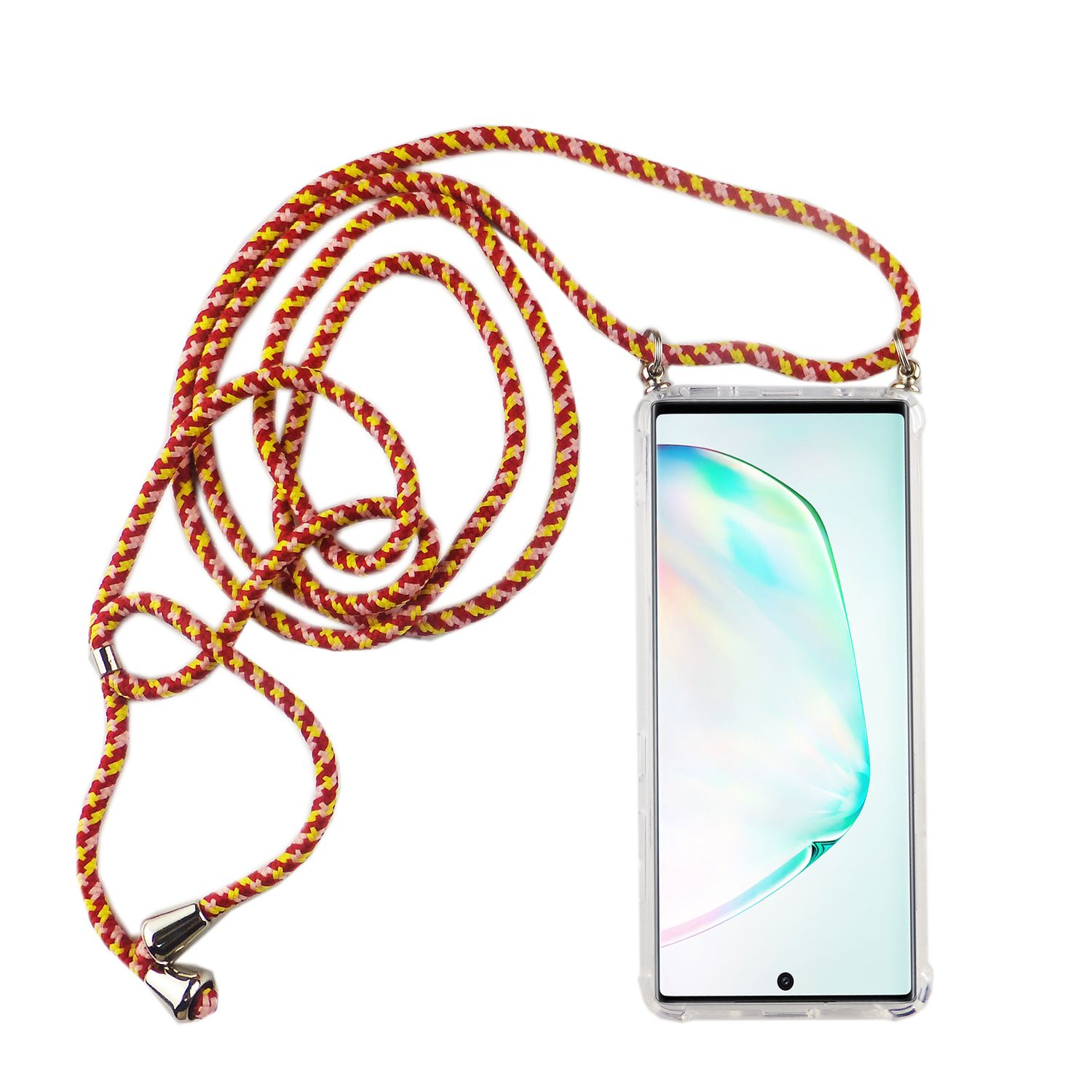 Smartphone in transparenter Hülle mit rotem, gelbem und pinkfarbenem Lanyard.