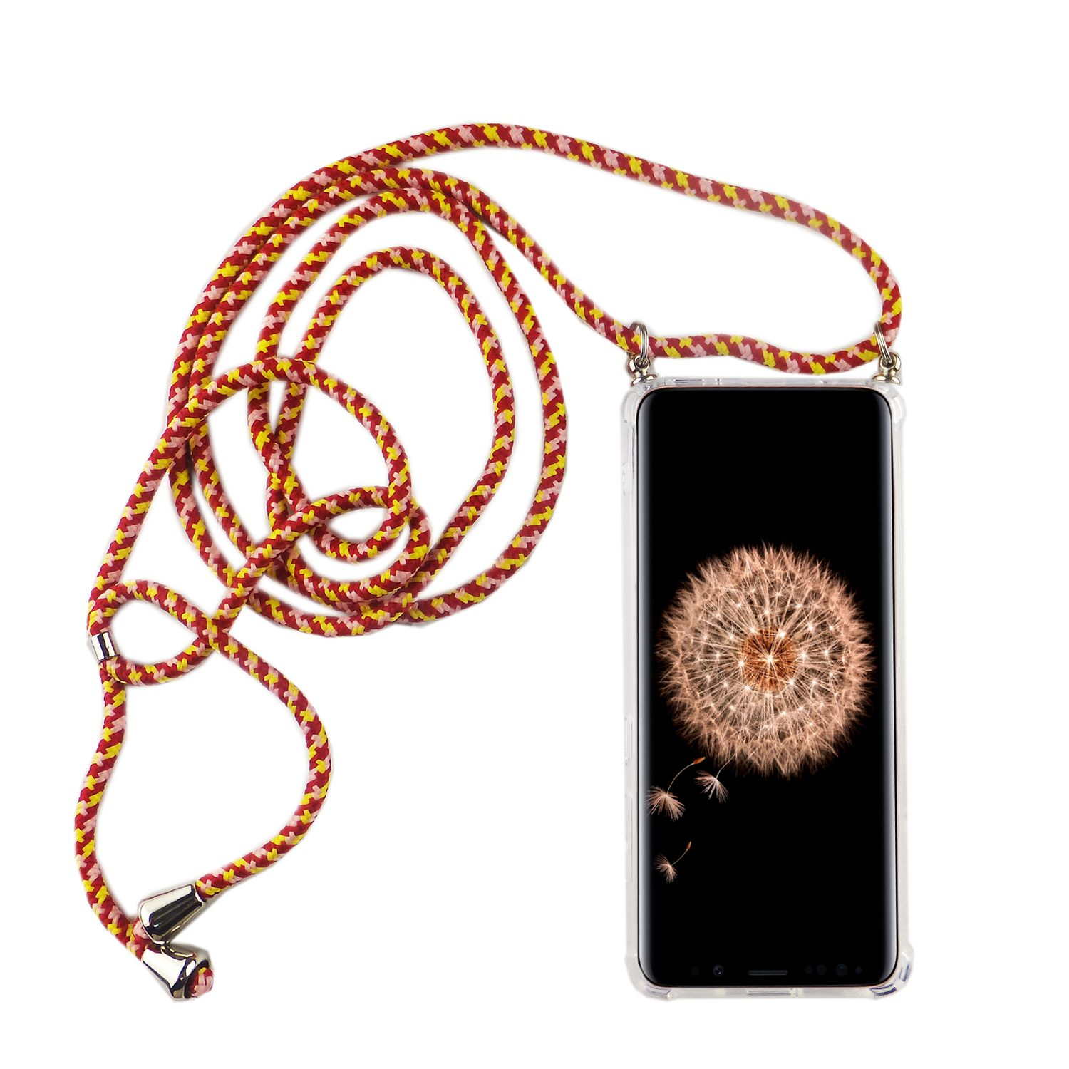 Telefon mit Löwenzahn-Hintergrund, gehalten von einem Seilband mit Metallclip.