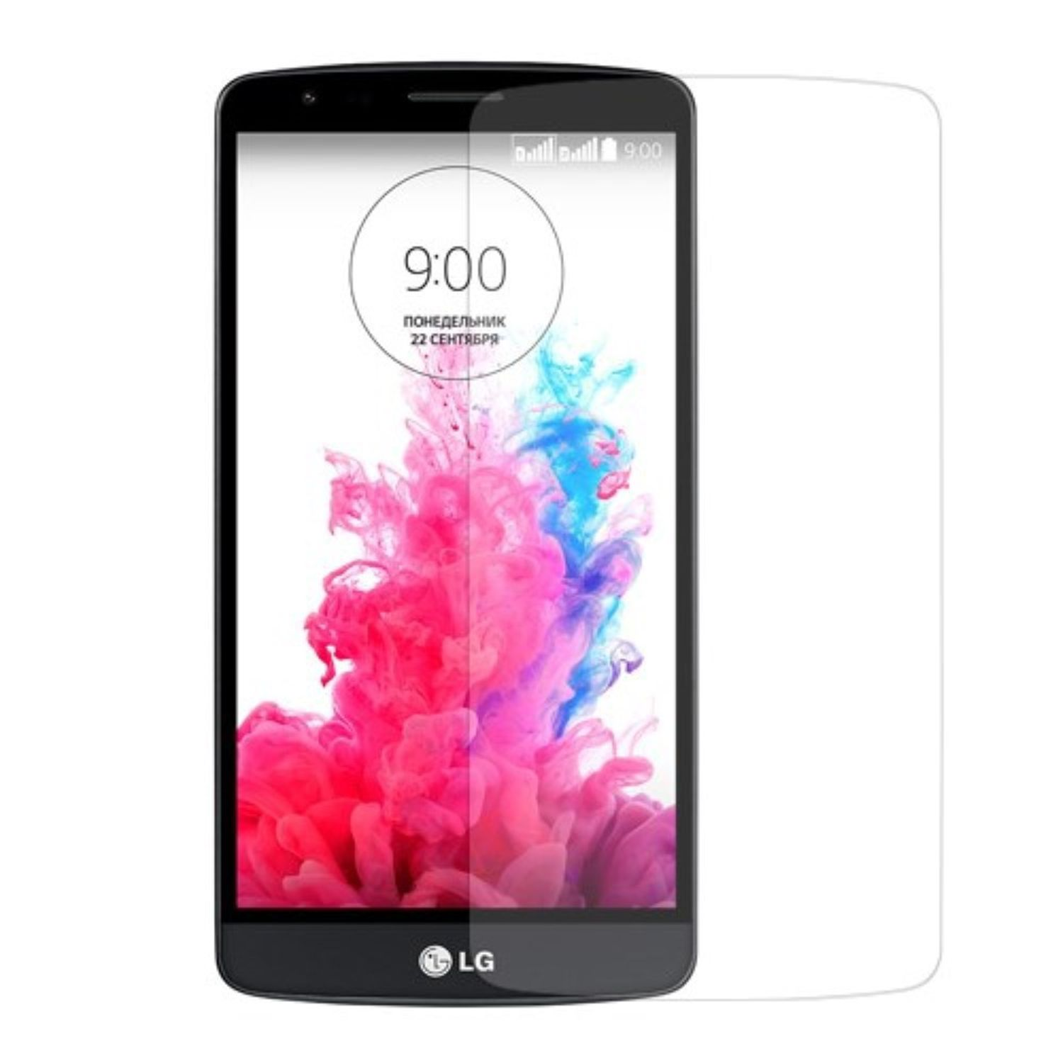 Ein schwarzes LG-Telefon mit Displayschutzfolie, das farbenfrohe, abstrakte Kunstwerke auf dem Bildschirm zeigt.