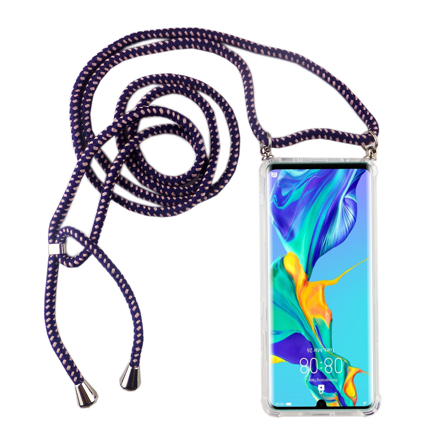 Ein Telefon mit Lanyard, das Gehäuse ist transparent, das Lanyard ist lila.