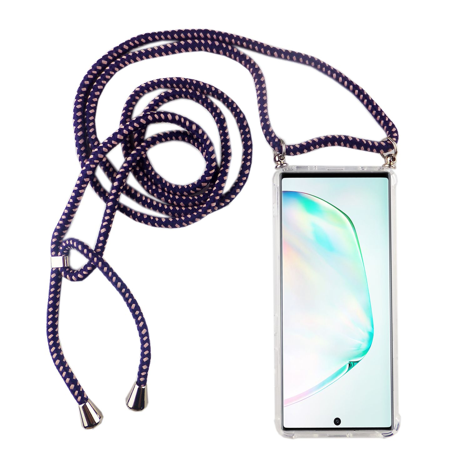 Telefon mit lila-weißem Seil, transparente Hülle, weißer Bildschirm, silberner Haken.