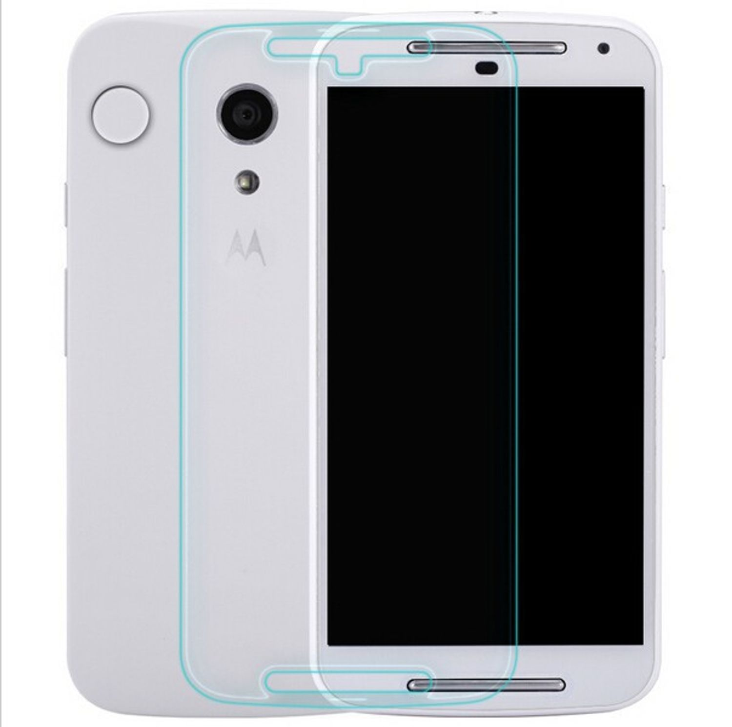Weißes Telefon mit Displayschutz. Der Bildschirm ist schwarz. Der Hintergrund ist weiß.