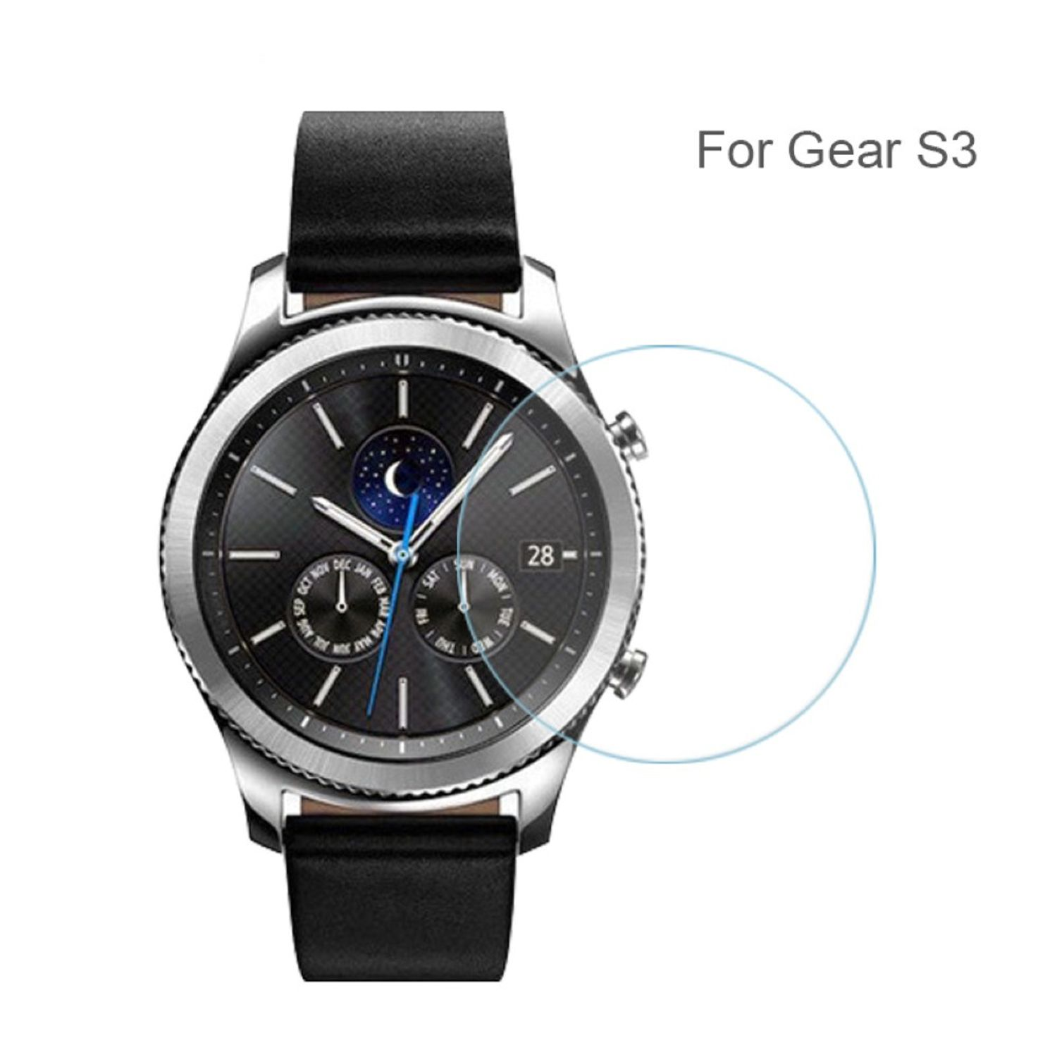 Smartwatch mit Displayschutz. Weißer Hintergrund mit Text 'For Gear S3'.