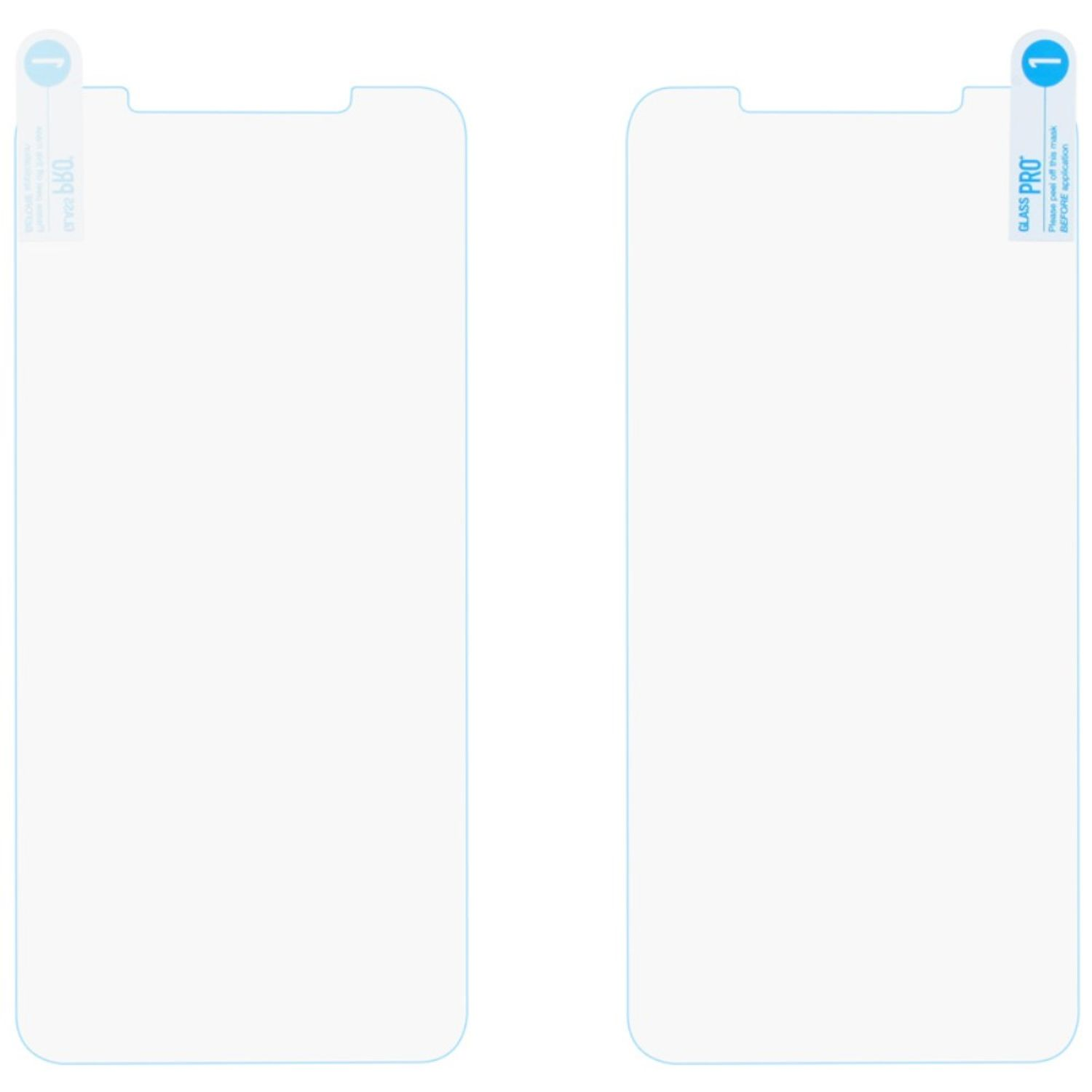 Zwei klare Displayschutzfolien für ein Mobiltelefon, anwendungsbereit. Weißer Hintergrund.
