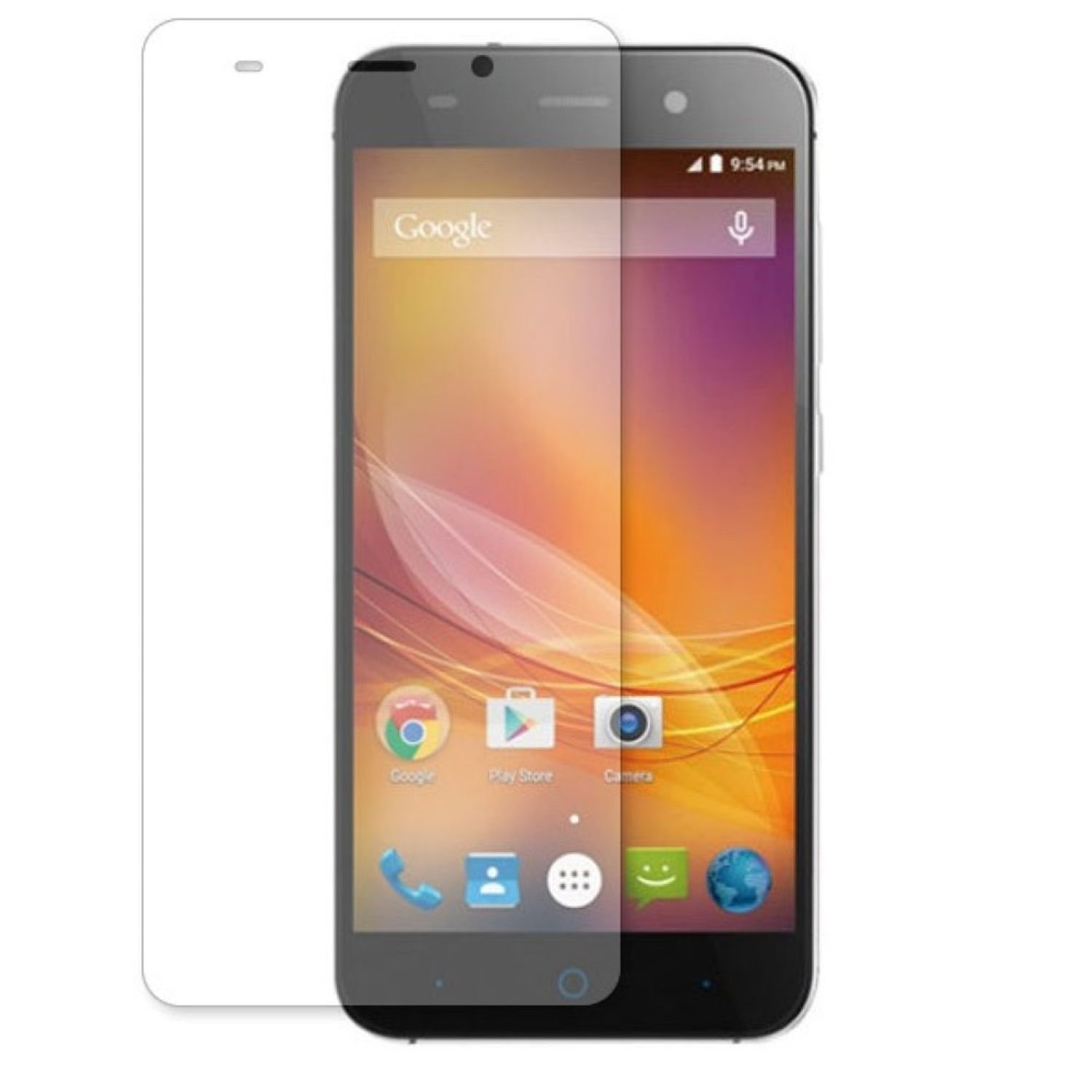 Schwarzes Smartphone mit Displayschutz. Der Bildschirm zeigt Google und App-Symbole. Weißer Hintergrund.