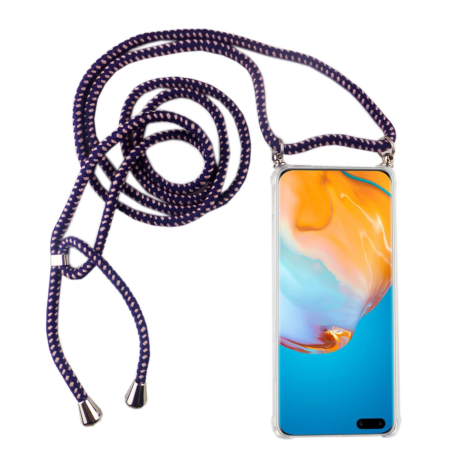 Smartphone in transparenter Hülle mit lila-weißem Band.