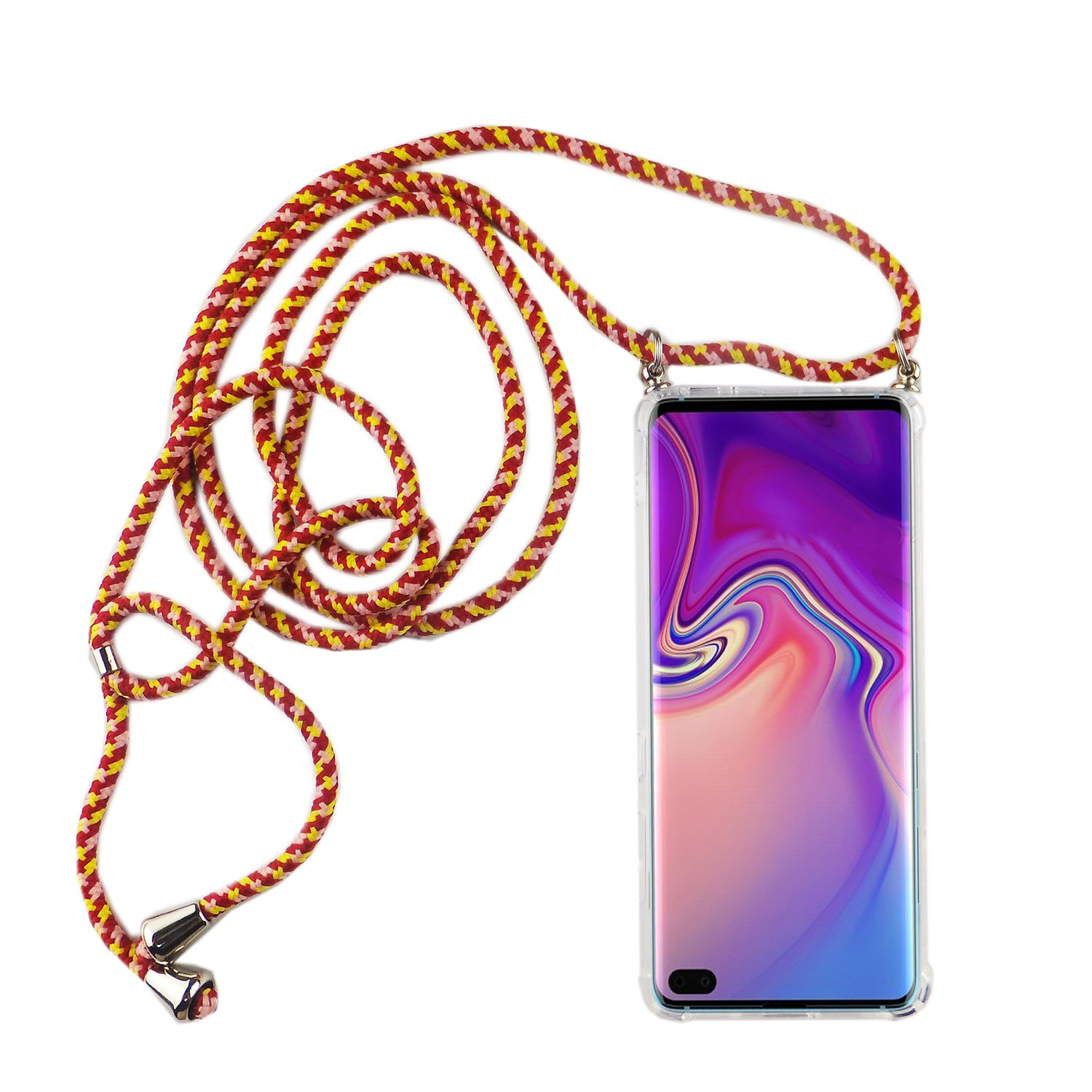Ein Telefon mit einem Riemen. Der Riemen ist rot und gelb. Weißer Hintergrund.