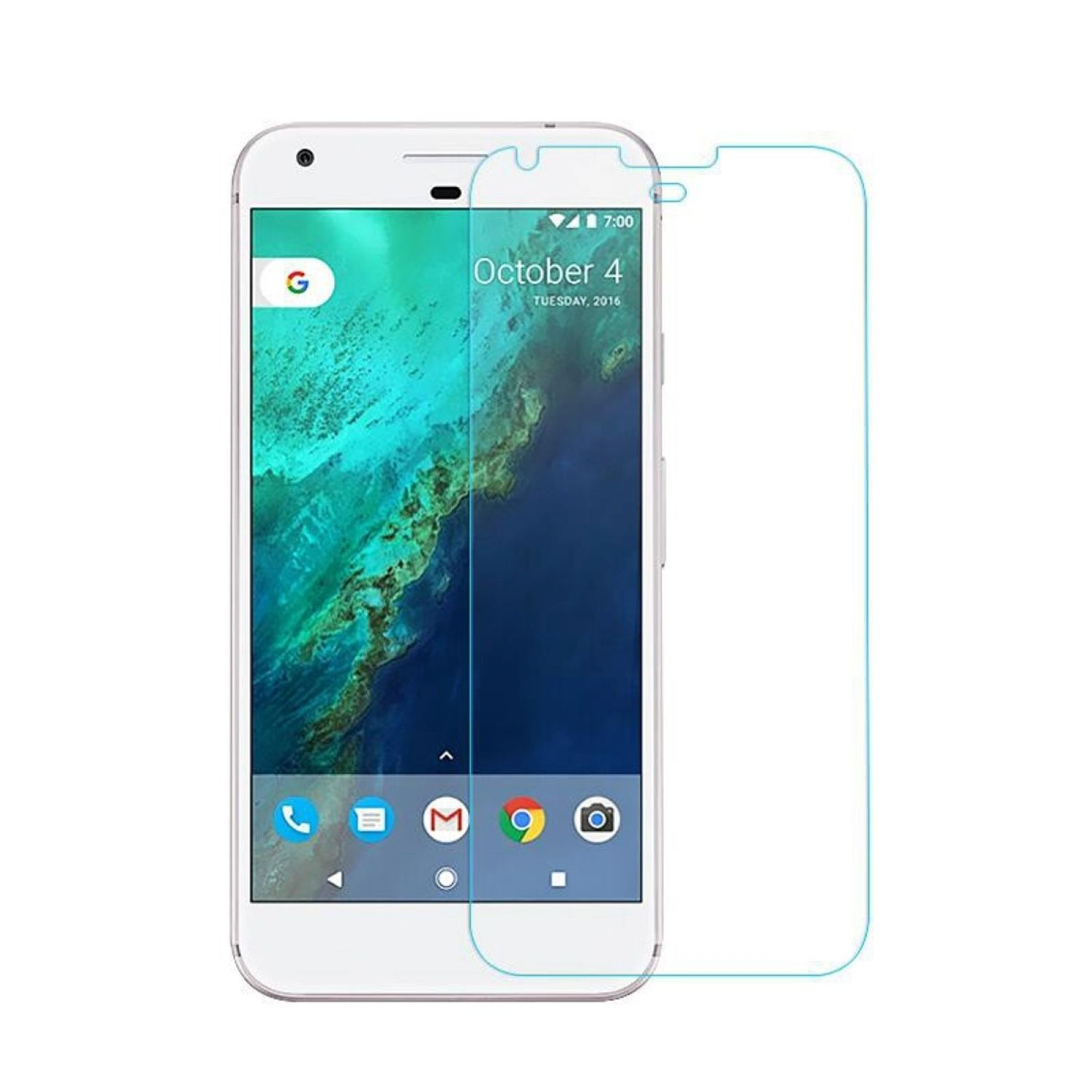 Weißes Smartphone mit Displayschutz. Bildschirm zeigt Google-Logo, Kalender und App-Symbole. Weißer Hintergrund.